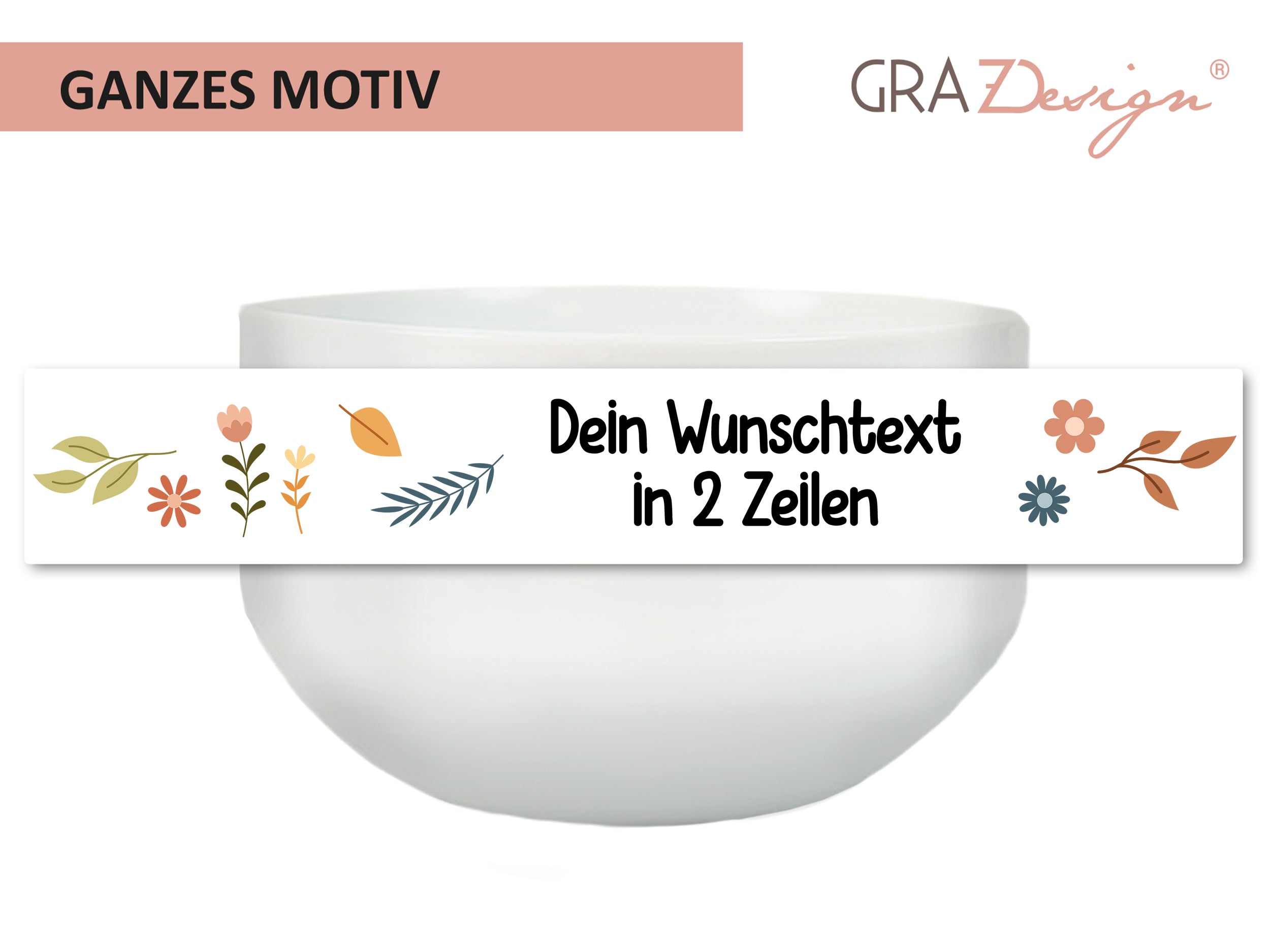 Müslischale mit Wunschtext in zwei Zeilen und Blumen, gefüllt mit Müsli
