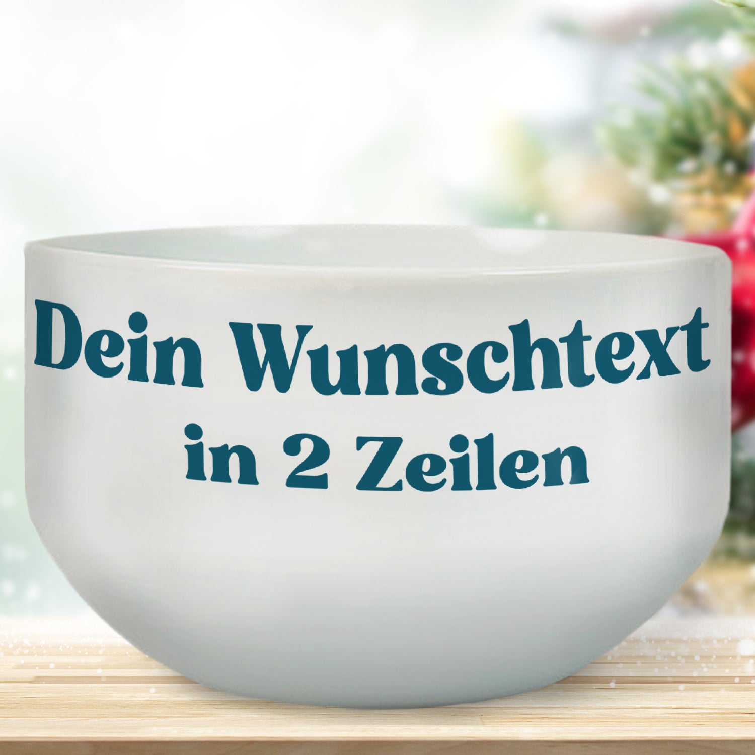 Müslischale mit Wunschtext in zwei Zeilen in Wohnszene