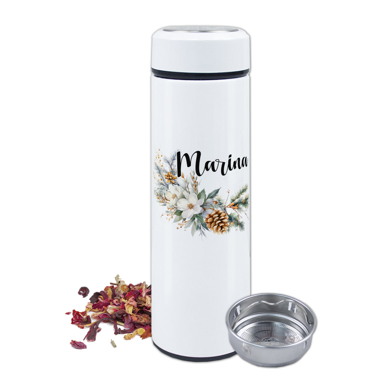 Weiße Thermosflasche mit floralem Design und Teesieb.