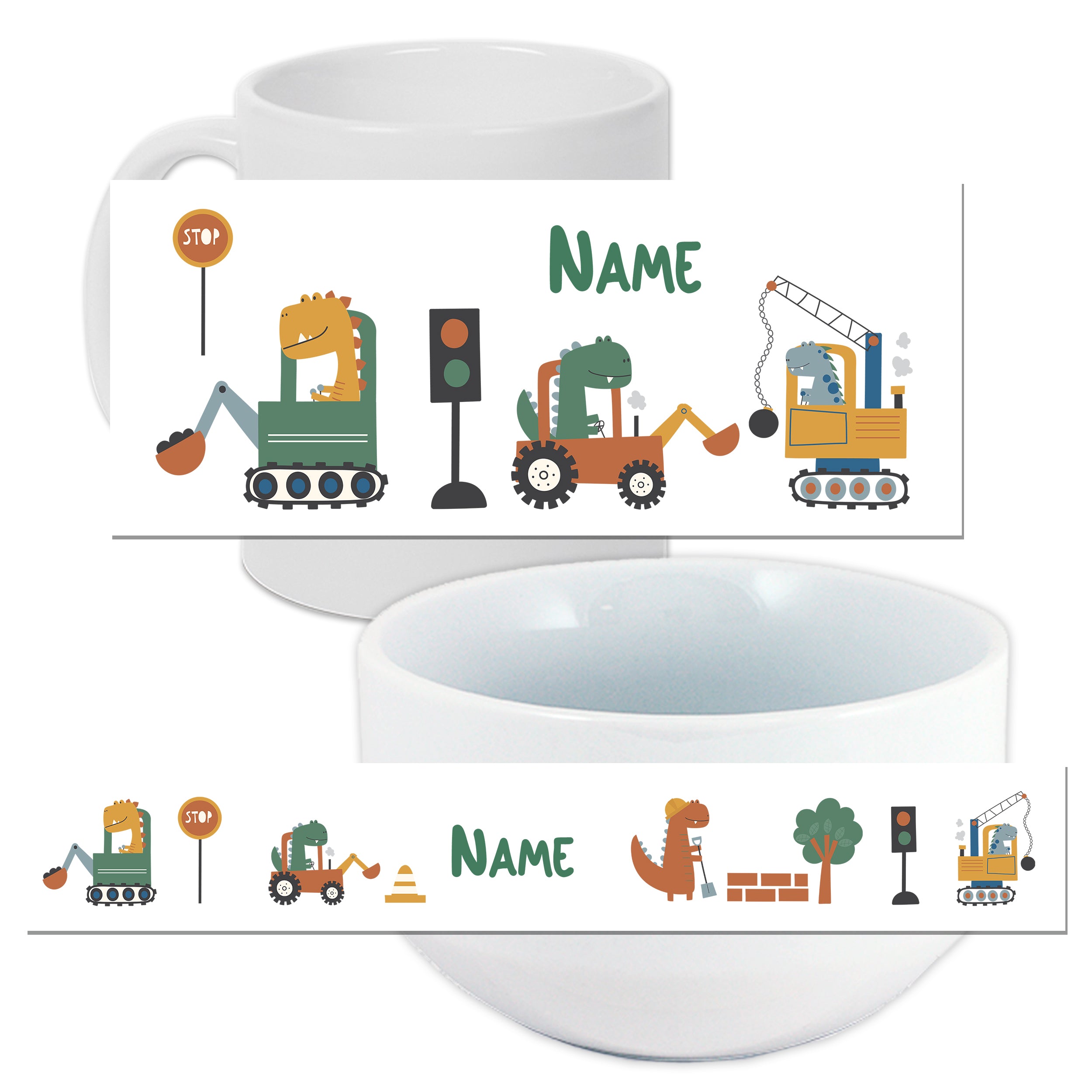 Tasse und Schüssel mit bunten Dinosaurier-Baufahrzeugen.