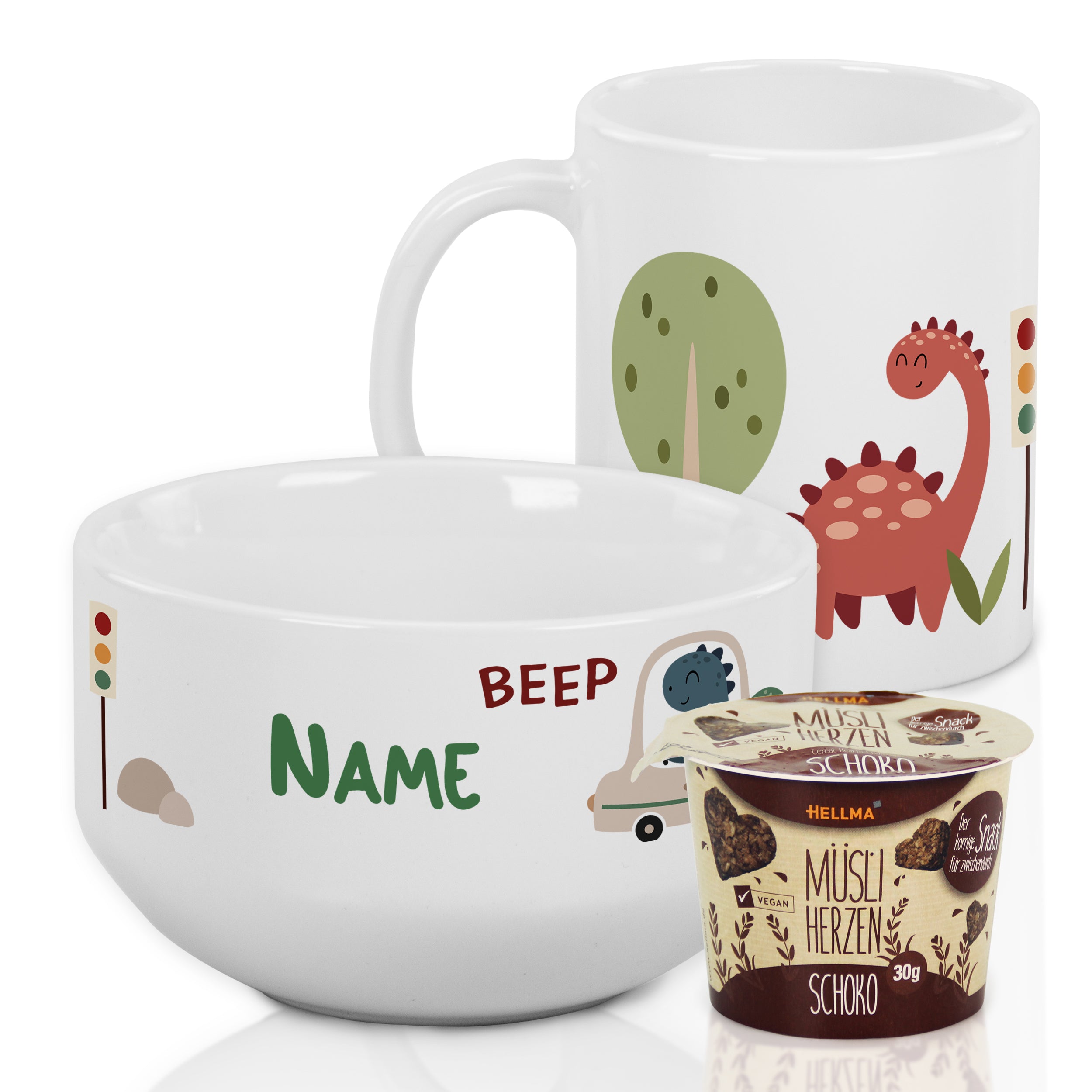 Kindertasse und Müslischale mit Dinosaurier-Motiven, weiß.
