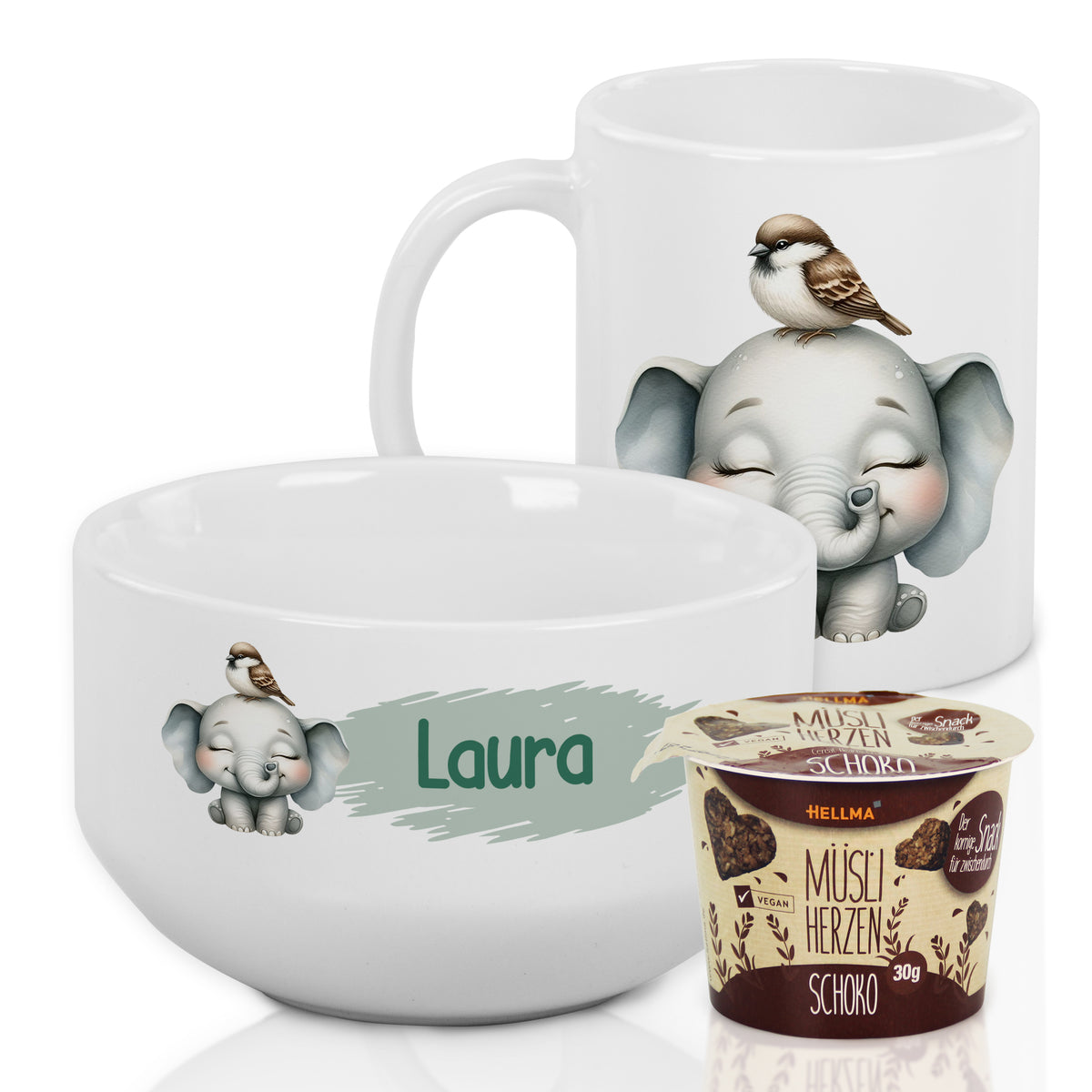 Personalisierte weiße Schüssel und Tasse mit Elefant und Vogel.
