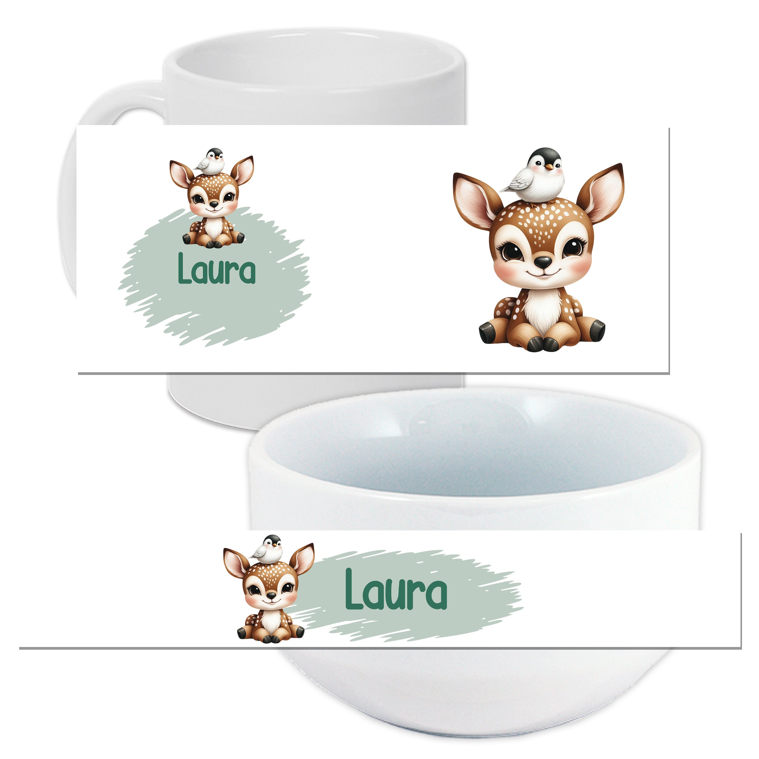Tasse und Schüssel mit niedlichem Reh-Design und Namen Laura.