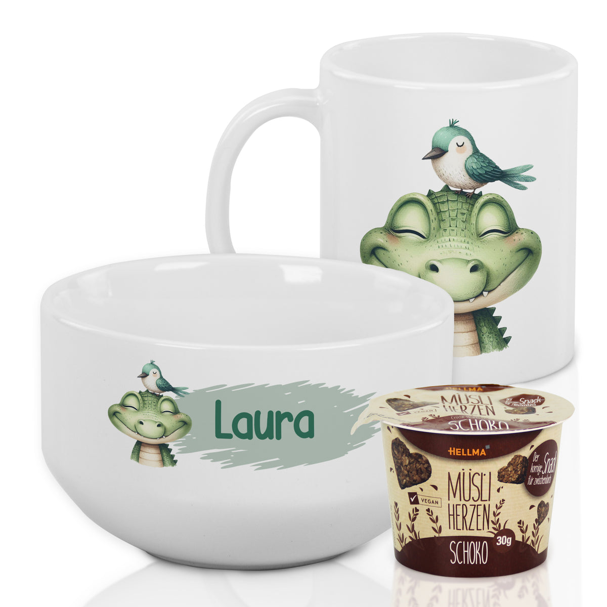 Personalisierte Tasse und Schüssel mit Krokodil-Motiv.