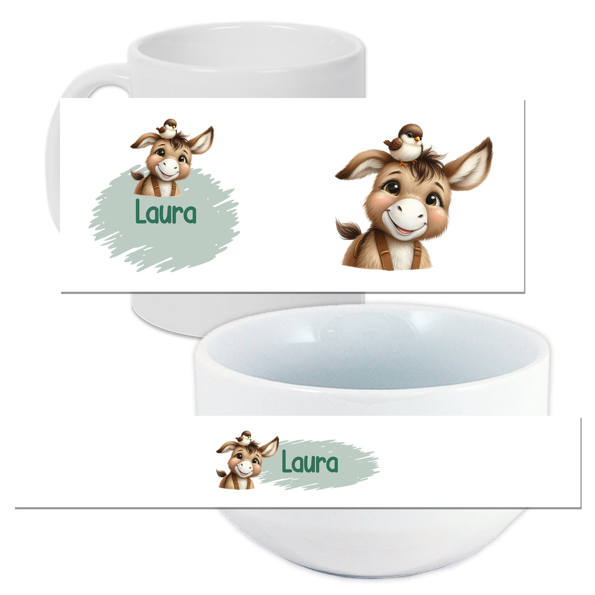 Personalisierte Tasse und Schüssel mit Esel-Motiv.