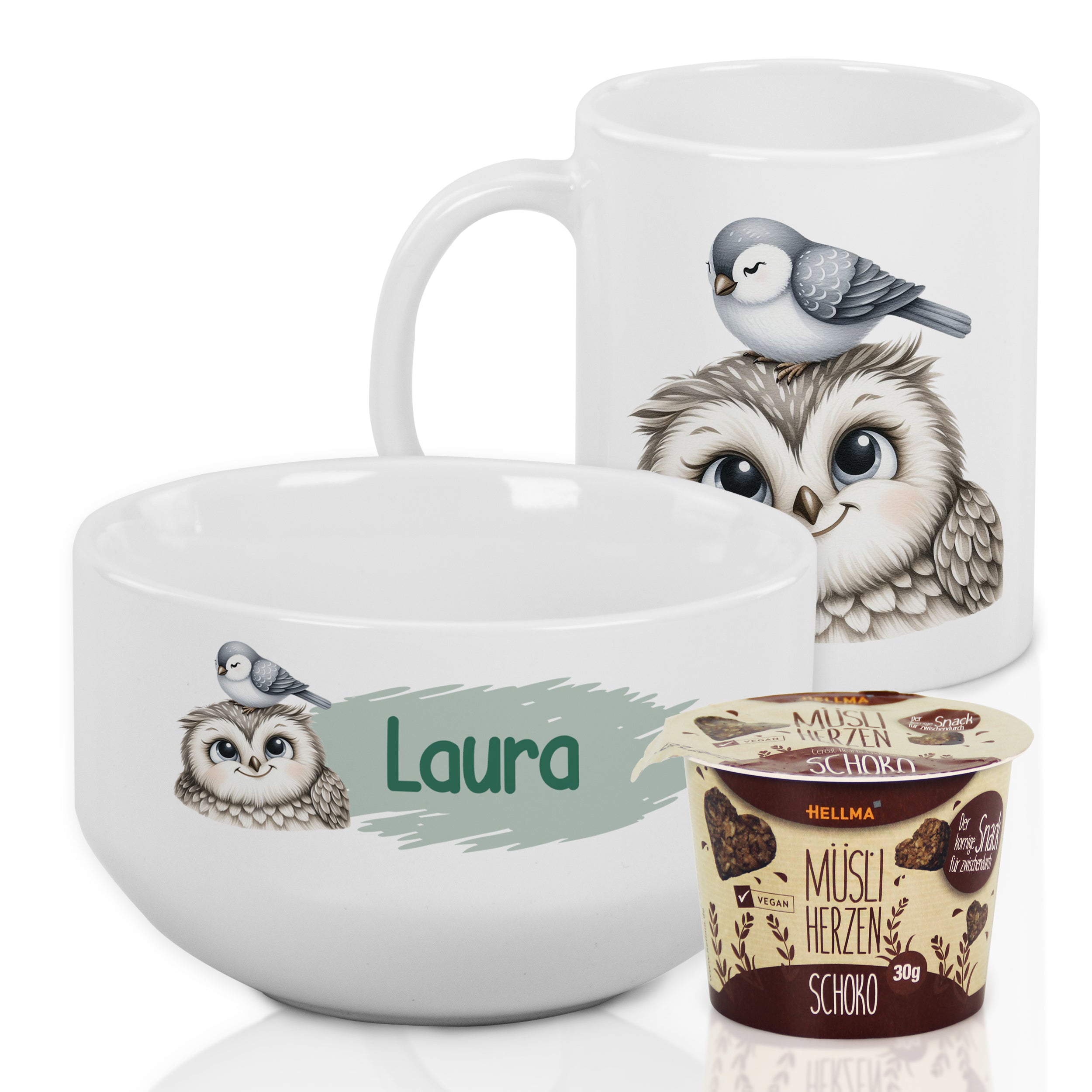 Tasse und Müslischale mit Eule und Vogel, personalisiert.
