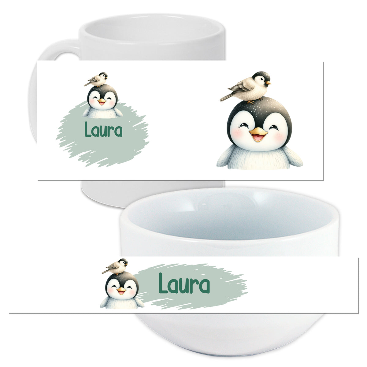 Weißer Becher und Schüssel mit Pinguin-Design und Name "Laura".