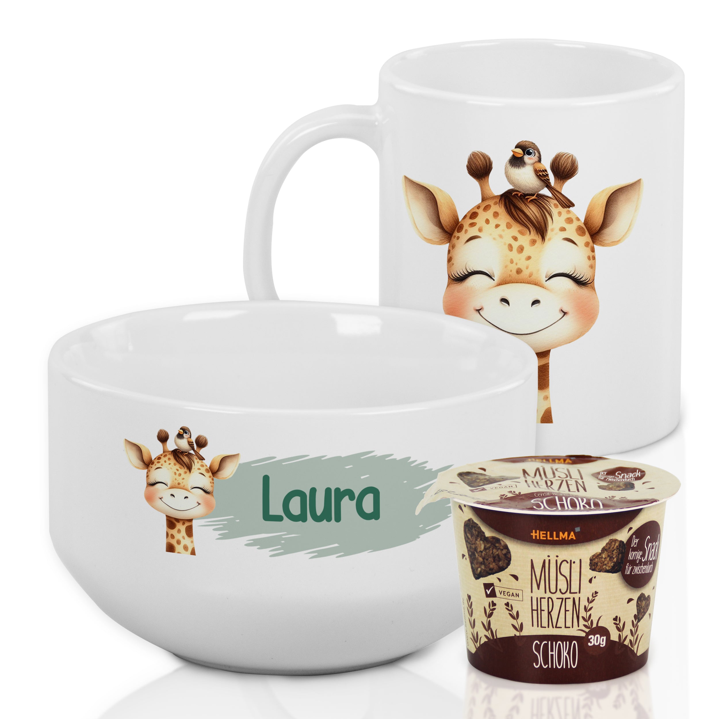 Weiße Schüssel und Tasse mit Giraffenmotiv, personalisiert.