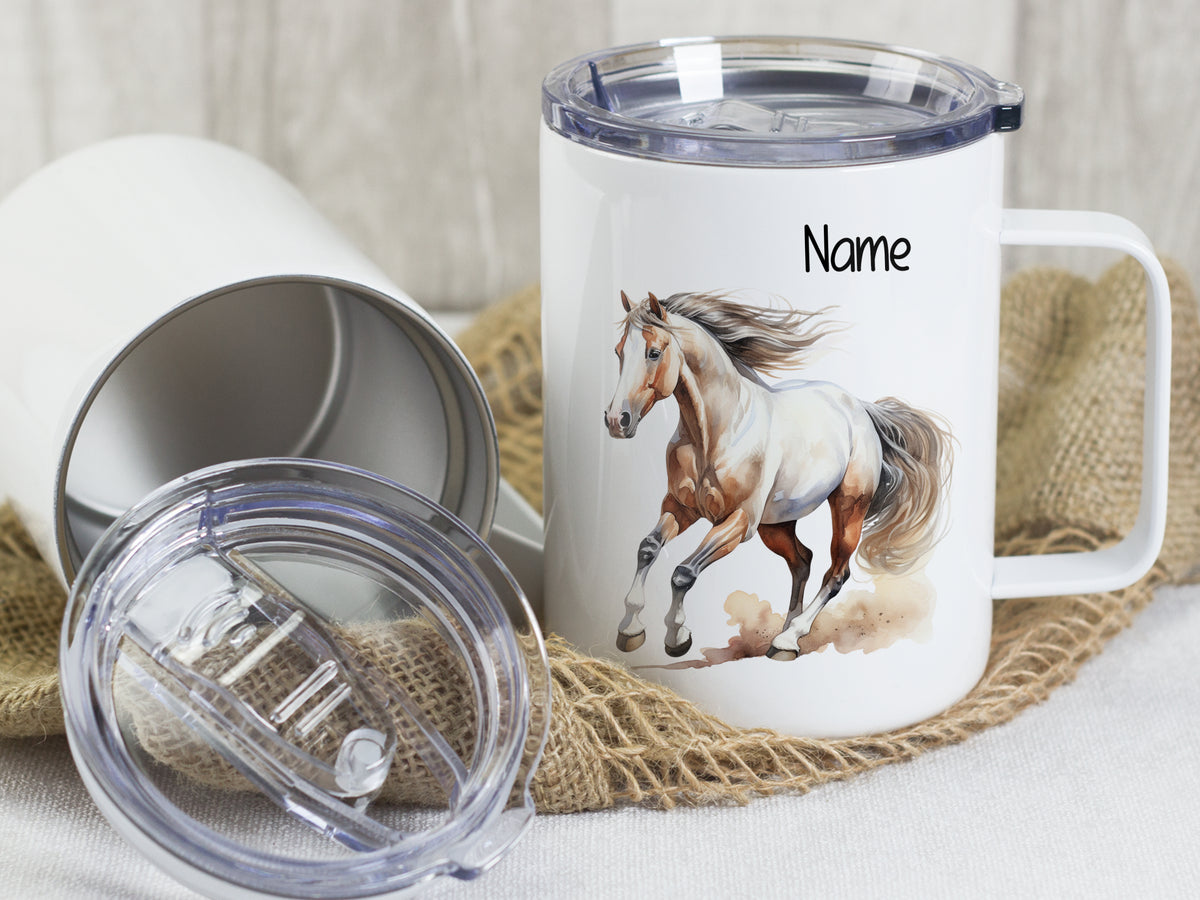 Tasse mit Pferdemotiv, weiß, personalisierbar mit Namen.