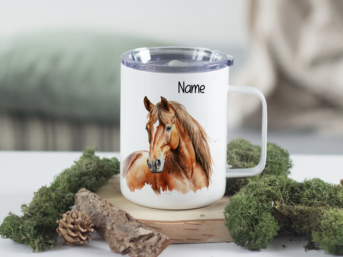 Tasse mit Pferdemotiv, weiß, personalisierbar mit Namen.