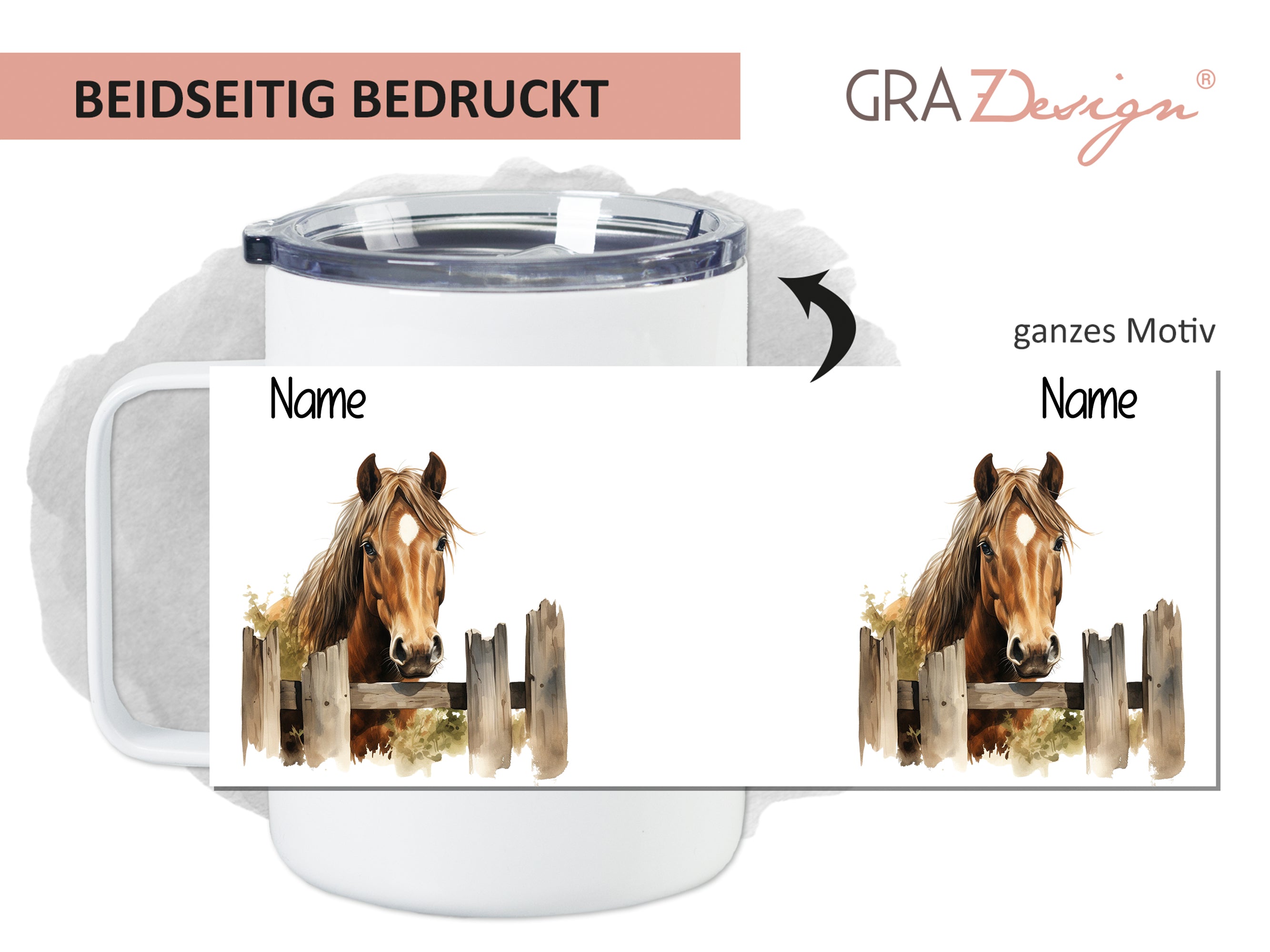 Becher mit Pferdemotiv, beidseitig bedruckt, weiß.