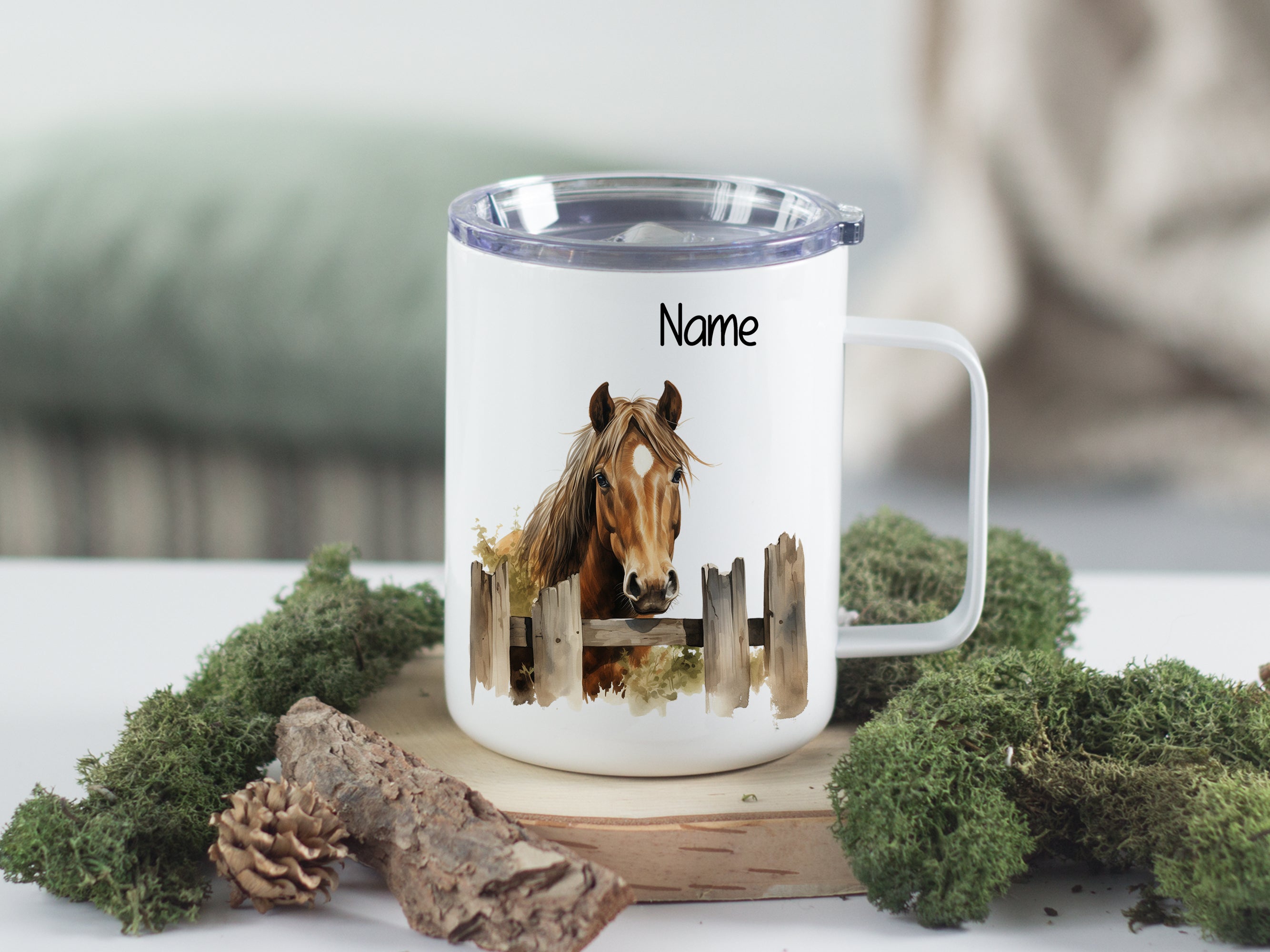 Tasse mit Pferdemotiv, personalisierbar, weiß und transparent.