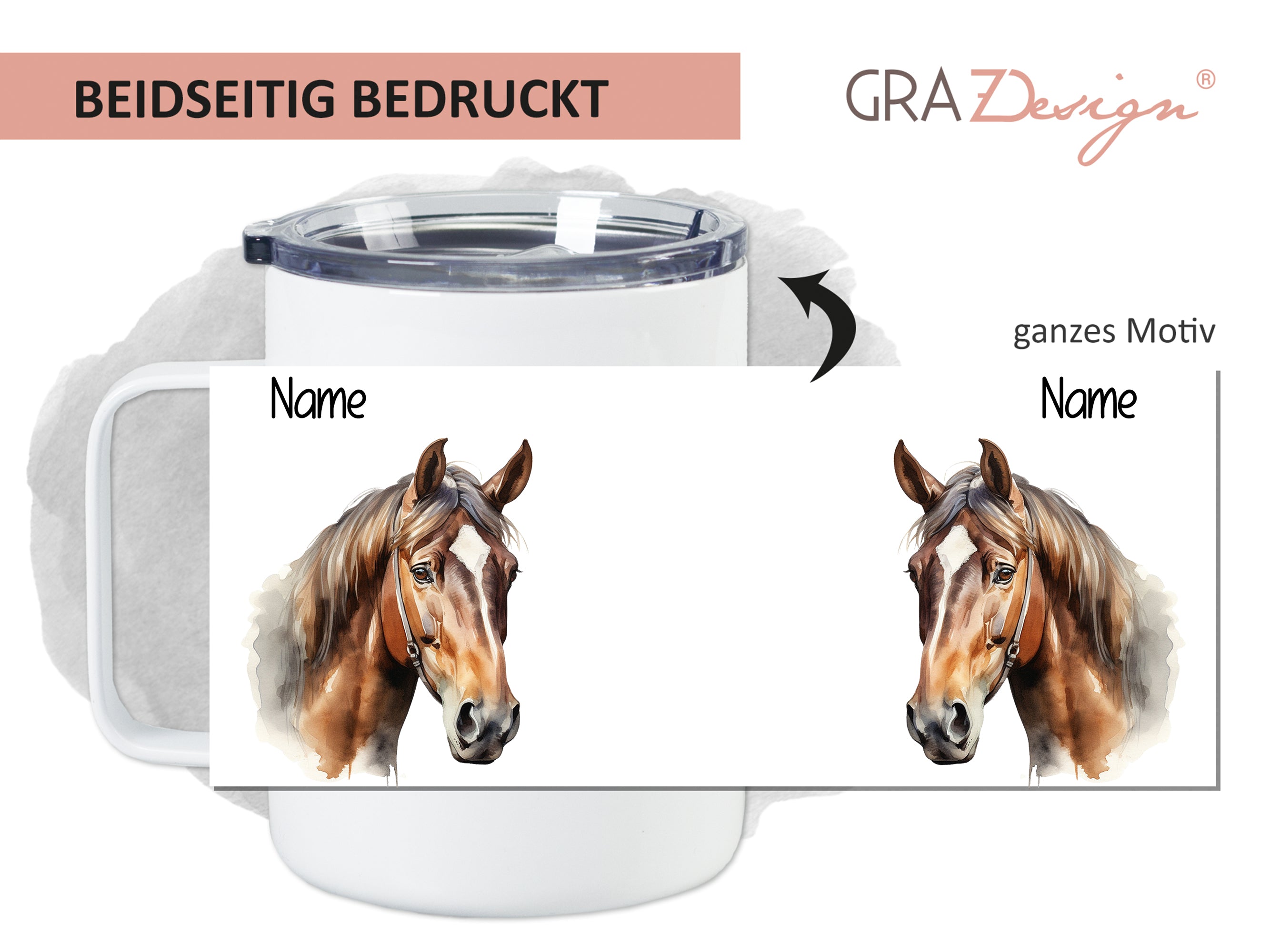 Becher mit beidseitigem Druck, Pferdemotiv, personalisierbar.