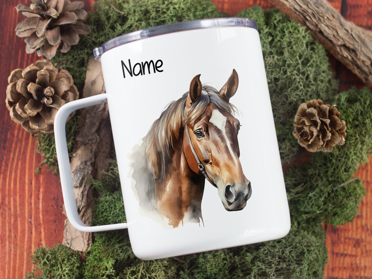 Tasse mit Pferdemotiv, weiß, personalisierbar mit Namen.