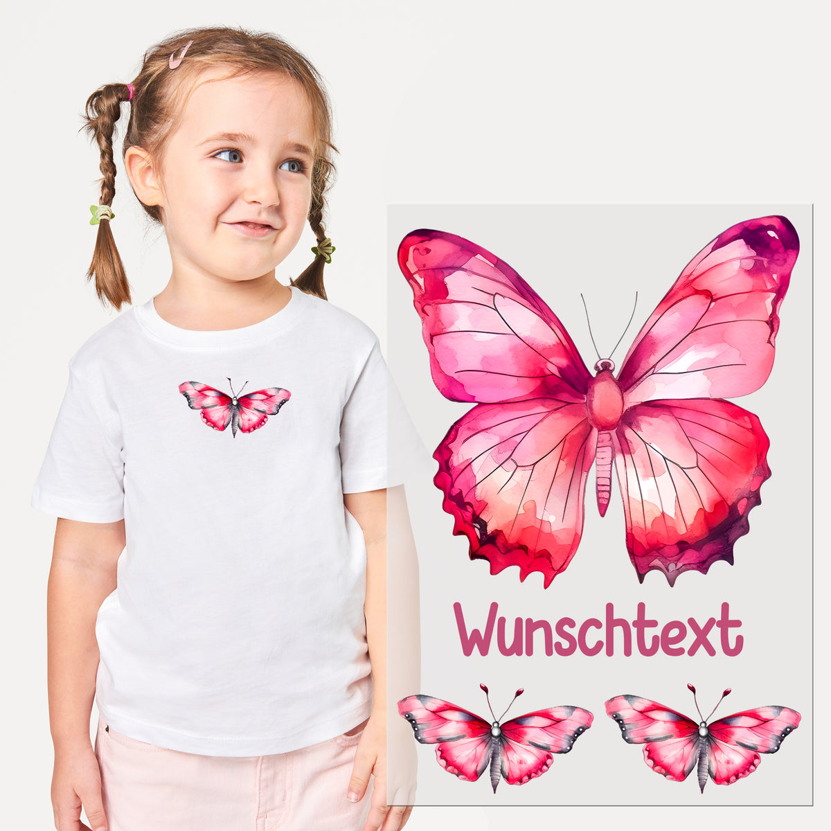 Weißes T-Shirt mit pinkem Schmetterlingsmotiv und Wunschtext.