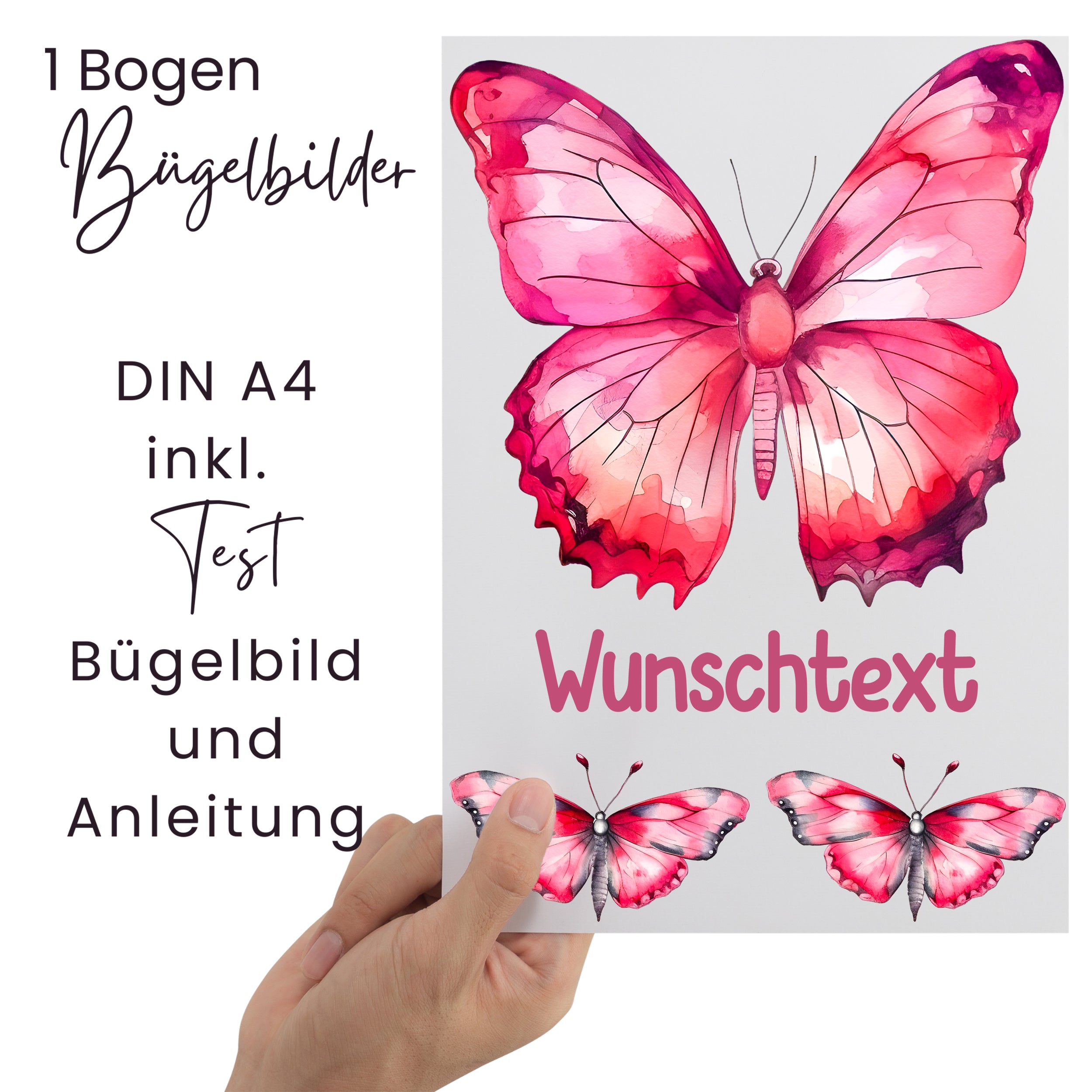 Bügelbilder mit pinken Schmetterlingen und Wunschtext, DIN A4.