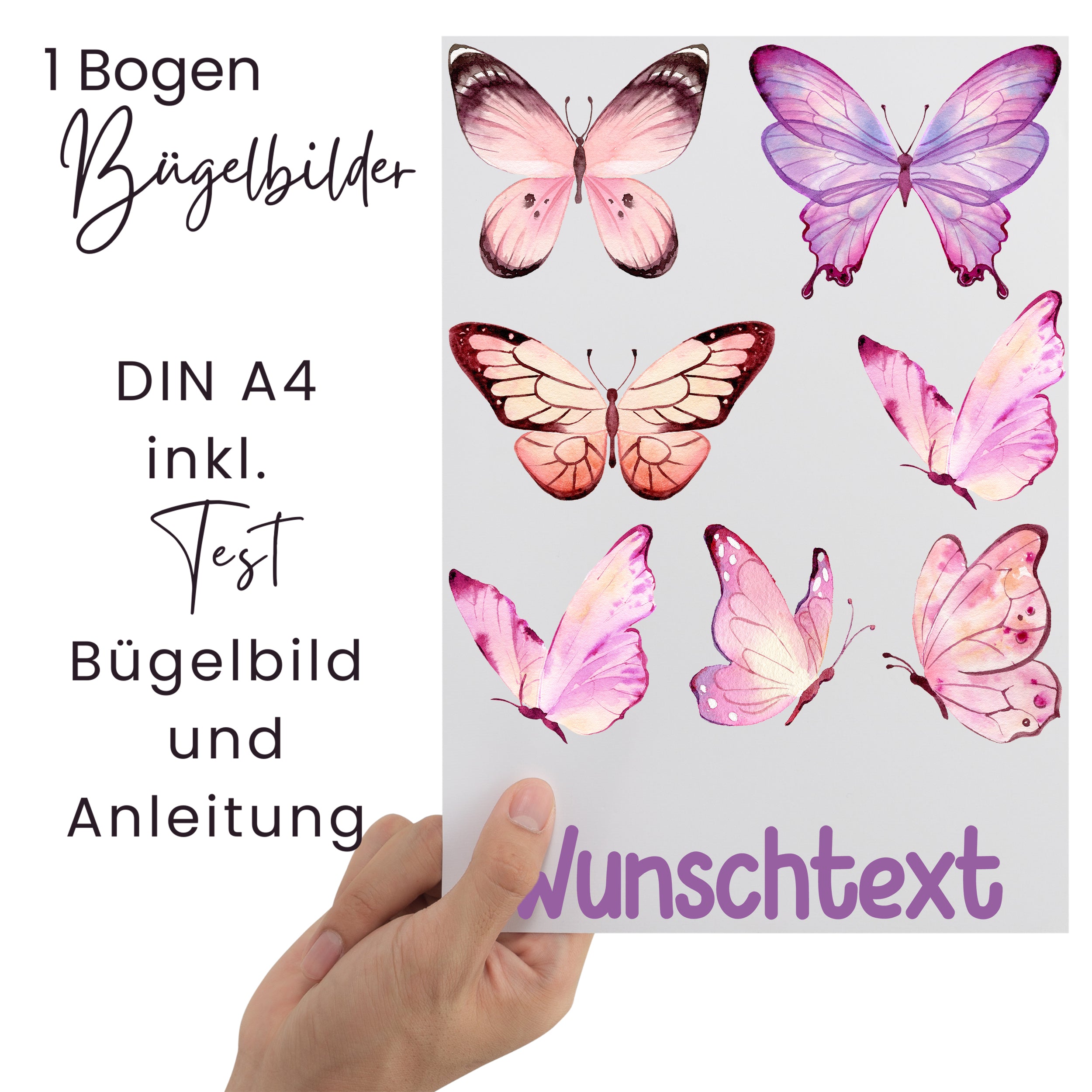 Bügelbilder mit bunten Schmetterlingen und Wunschtext, DIN A4.