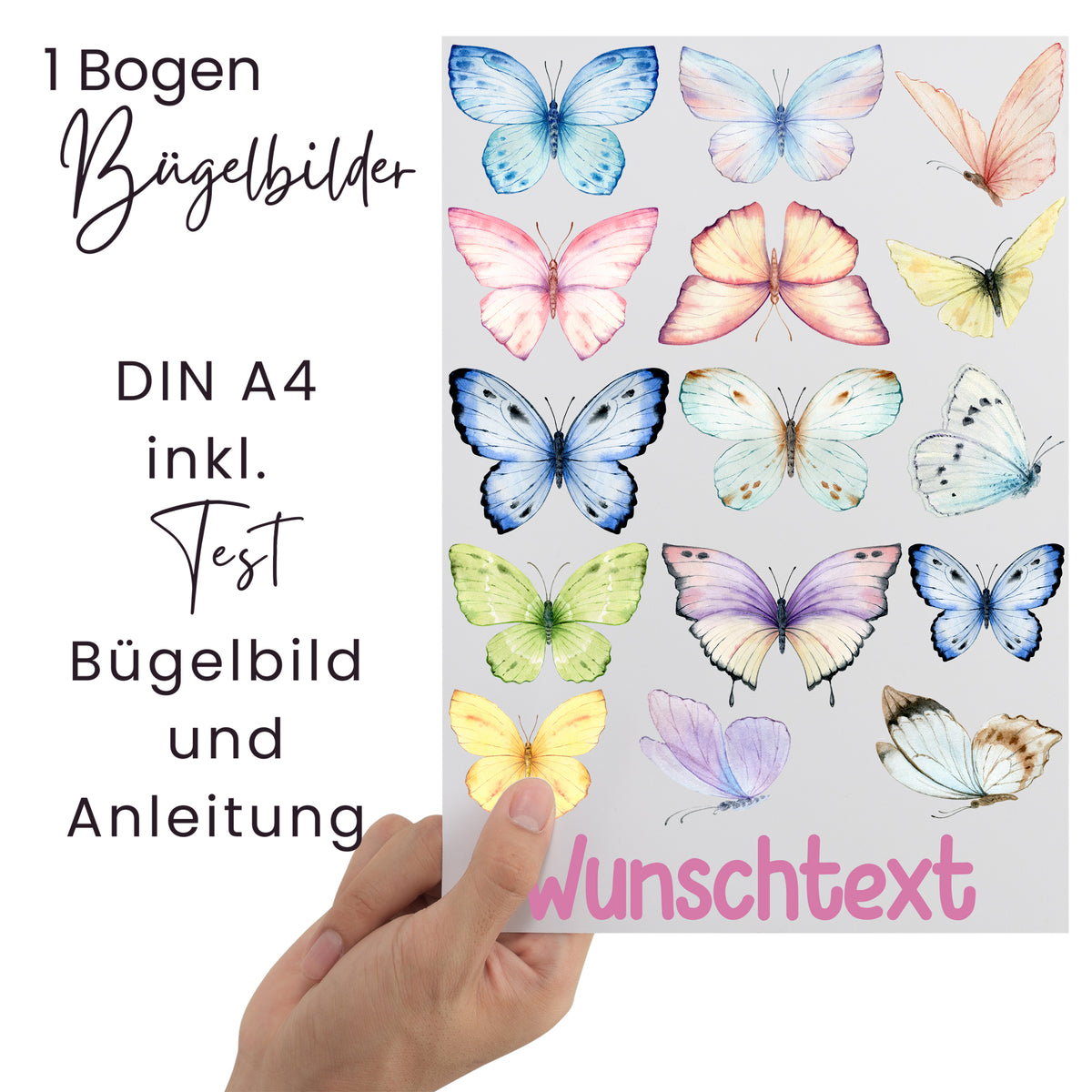 Bügelbilder mit bunten Schmetterlingen auf A4-Bogen.