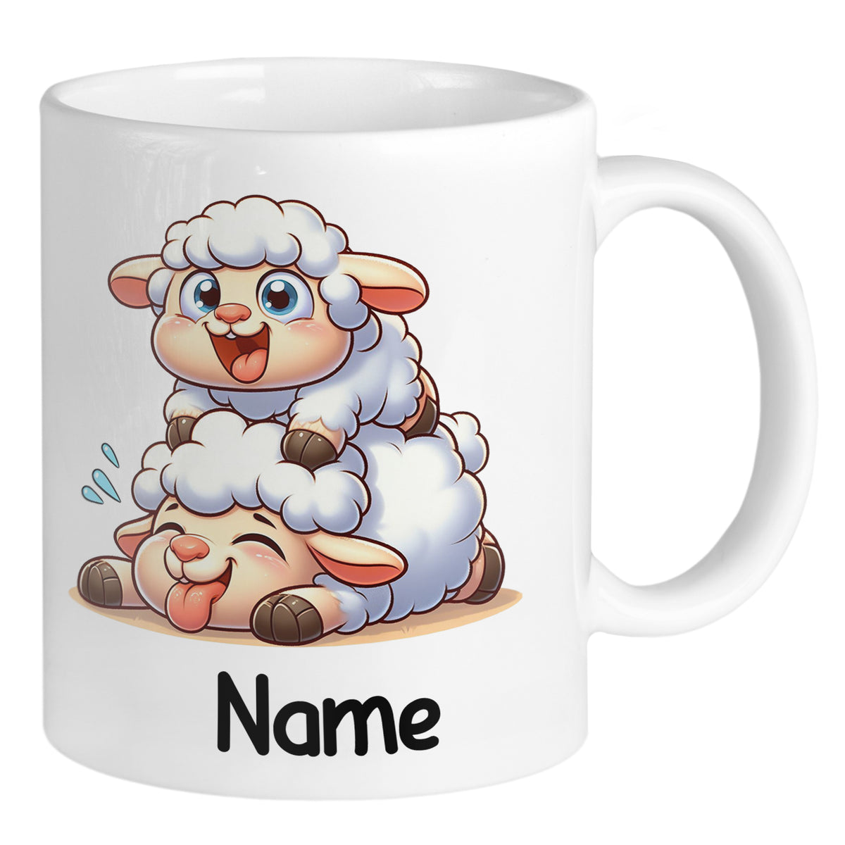 Kaffeetasse mit zwei niedlichen, cartoonhaften Schafen.