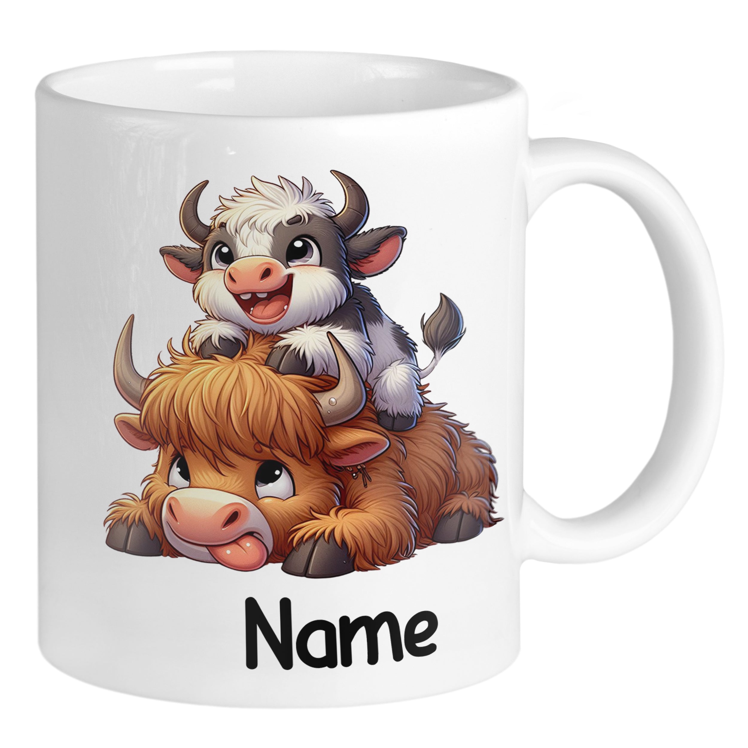 Tasse mit niedlichen Kühen, orange und schwarz, personalisierbar.