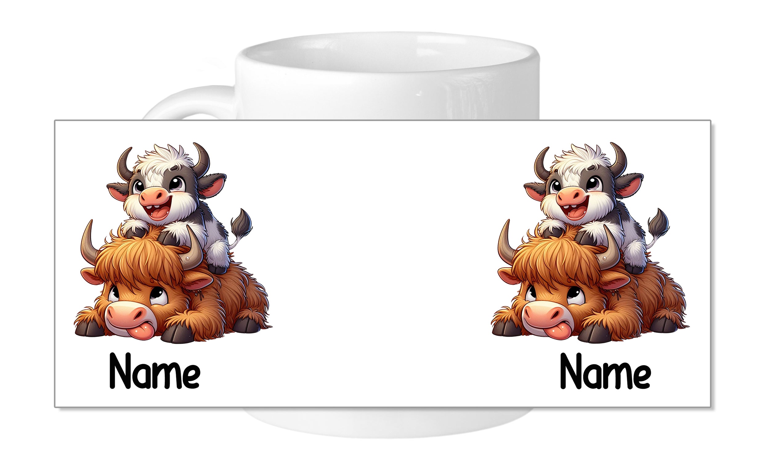 Tasse mit zwei niedlichen, cartoonhaften Kühen und Platz für Namen.