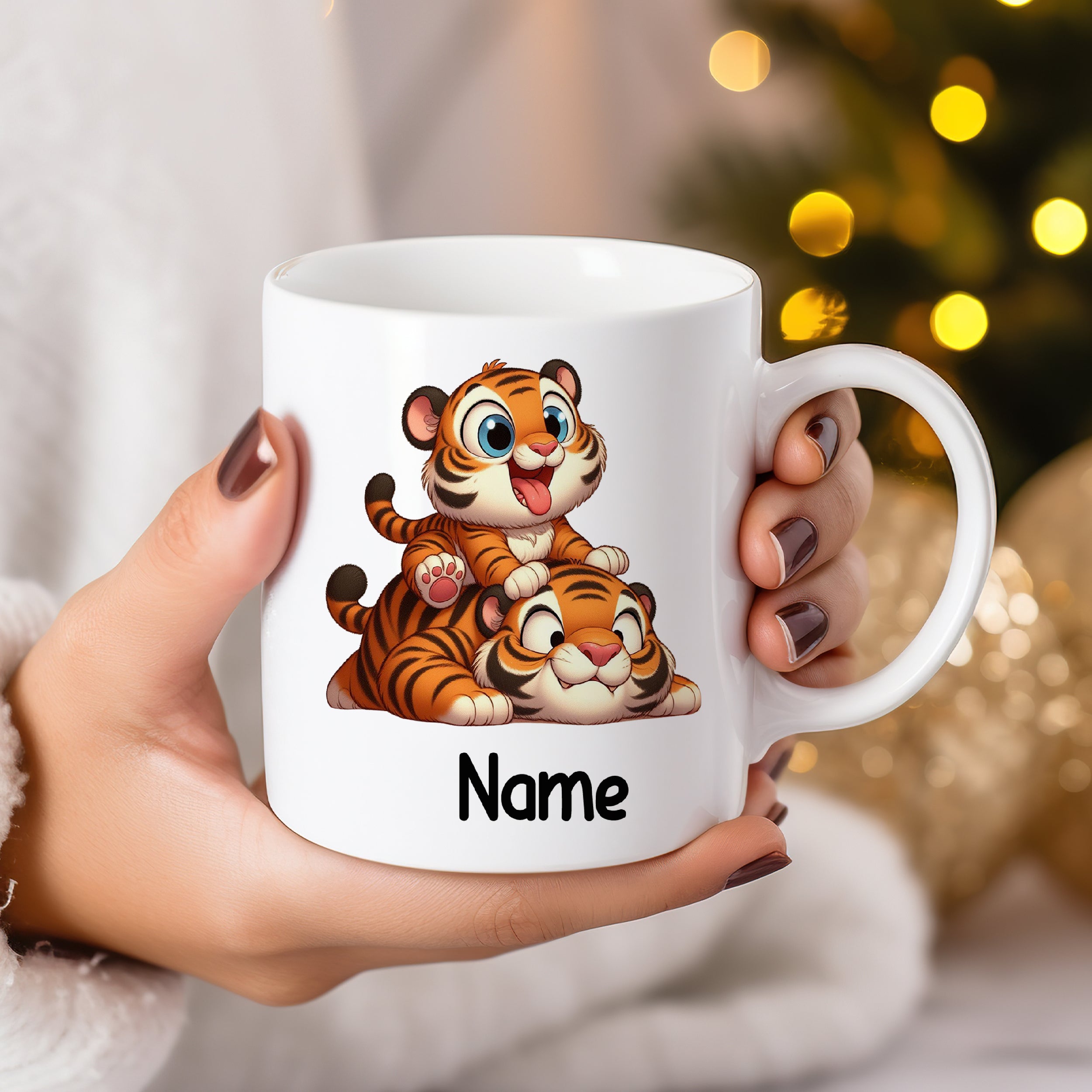 Tasse mit zwei niedlichen Tigern und personalisierbarem Namen.