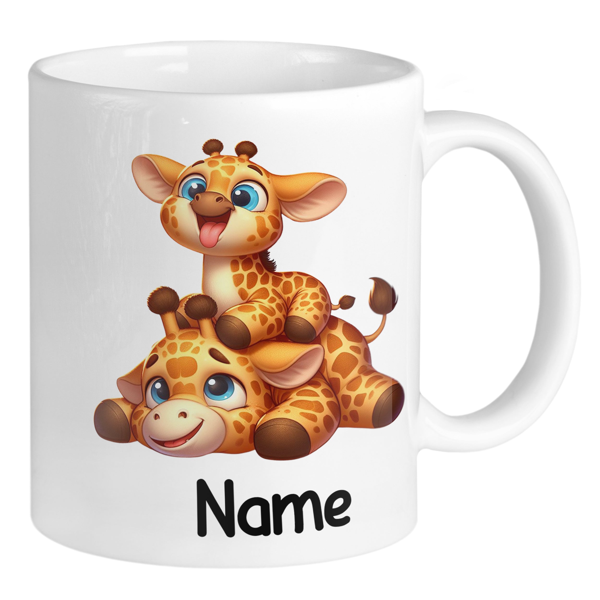 Tasse mit zwei niedlichen Giraffen in Orange und Braun.