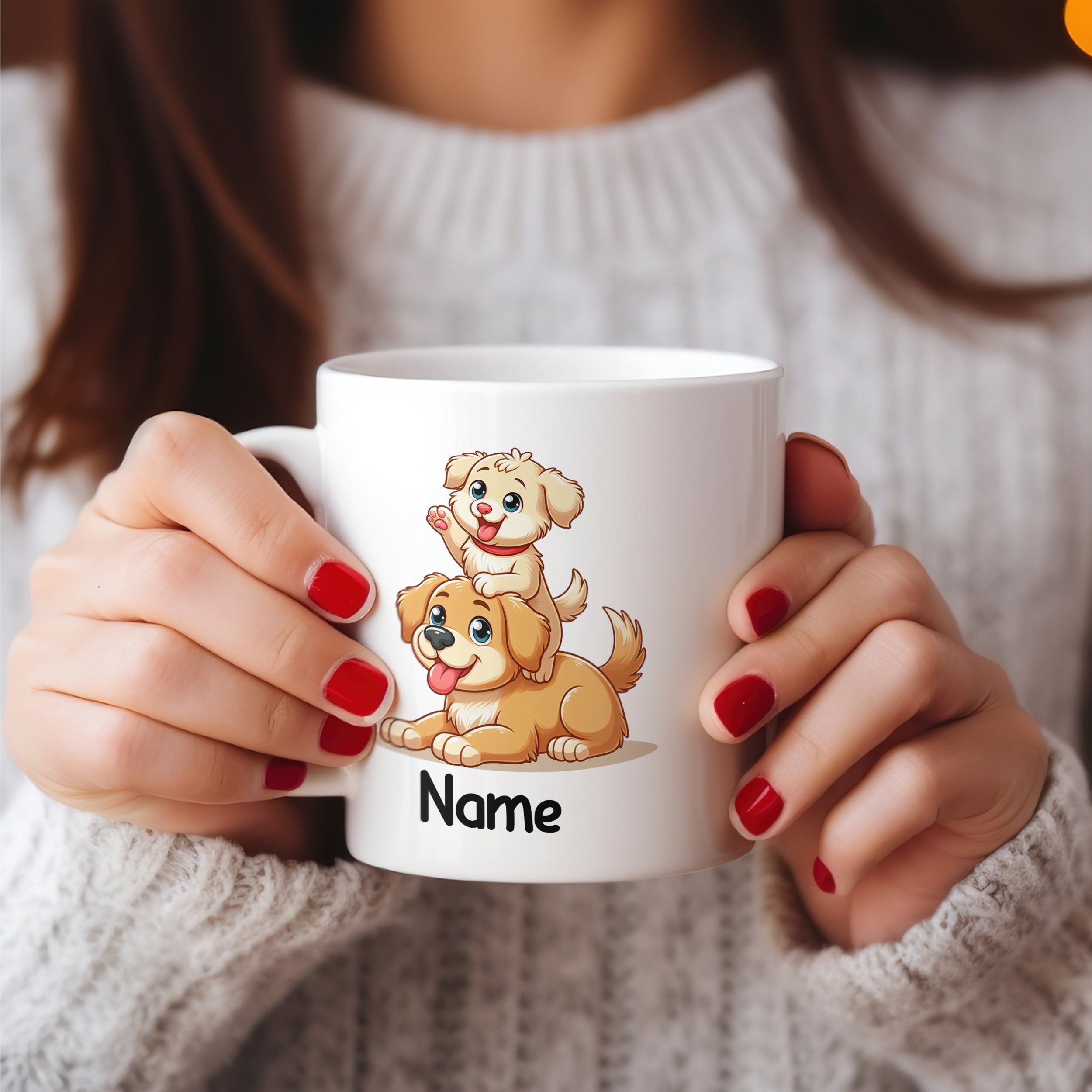Tasse mit zwei niedlichen Hunden und personalisiertem Namen.