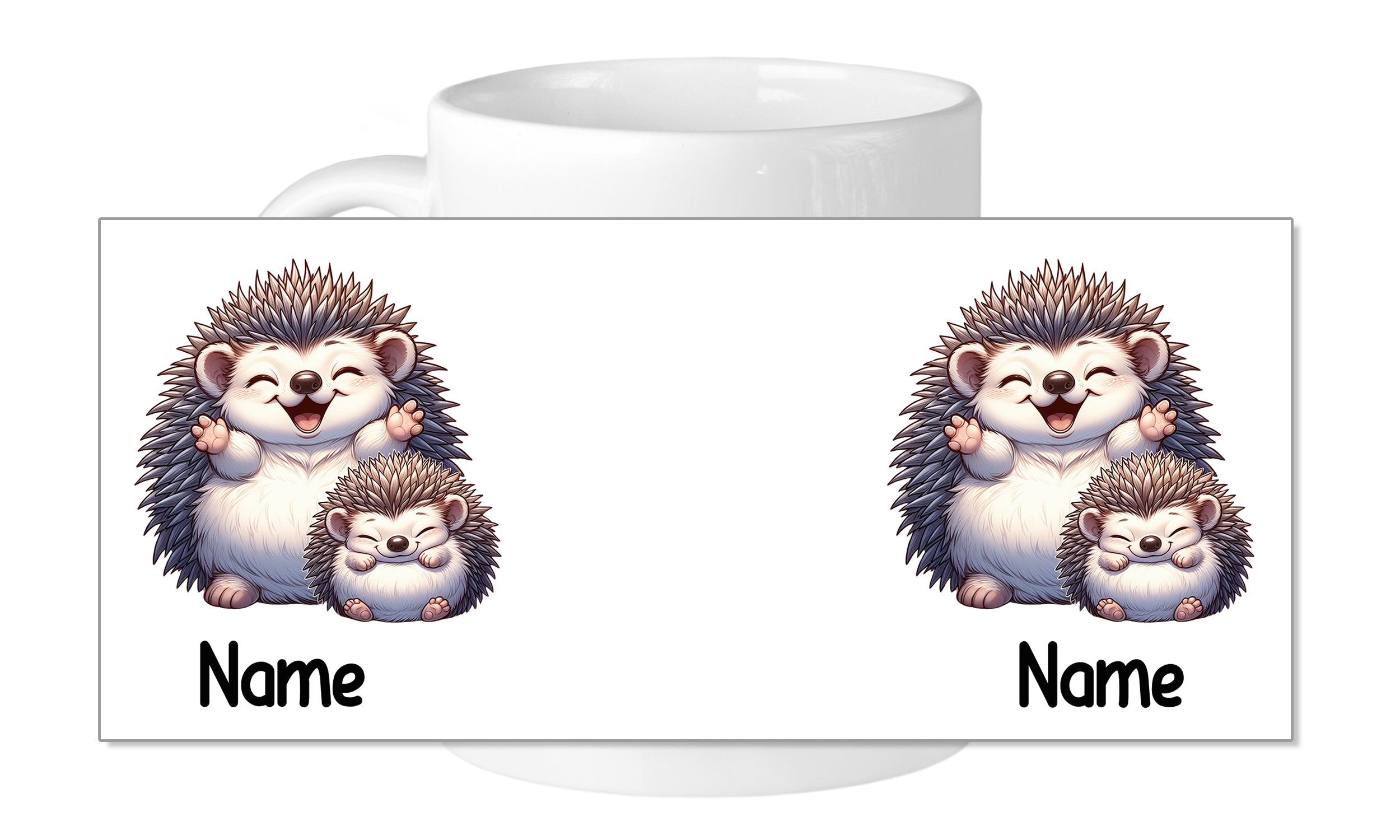 Tasse mit zwei niedlichen, lächelnden Igeln und Namen.