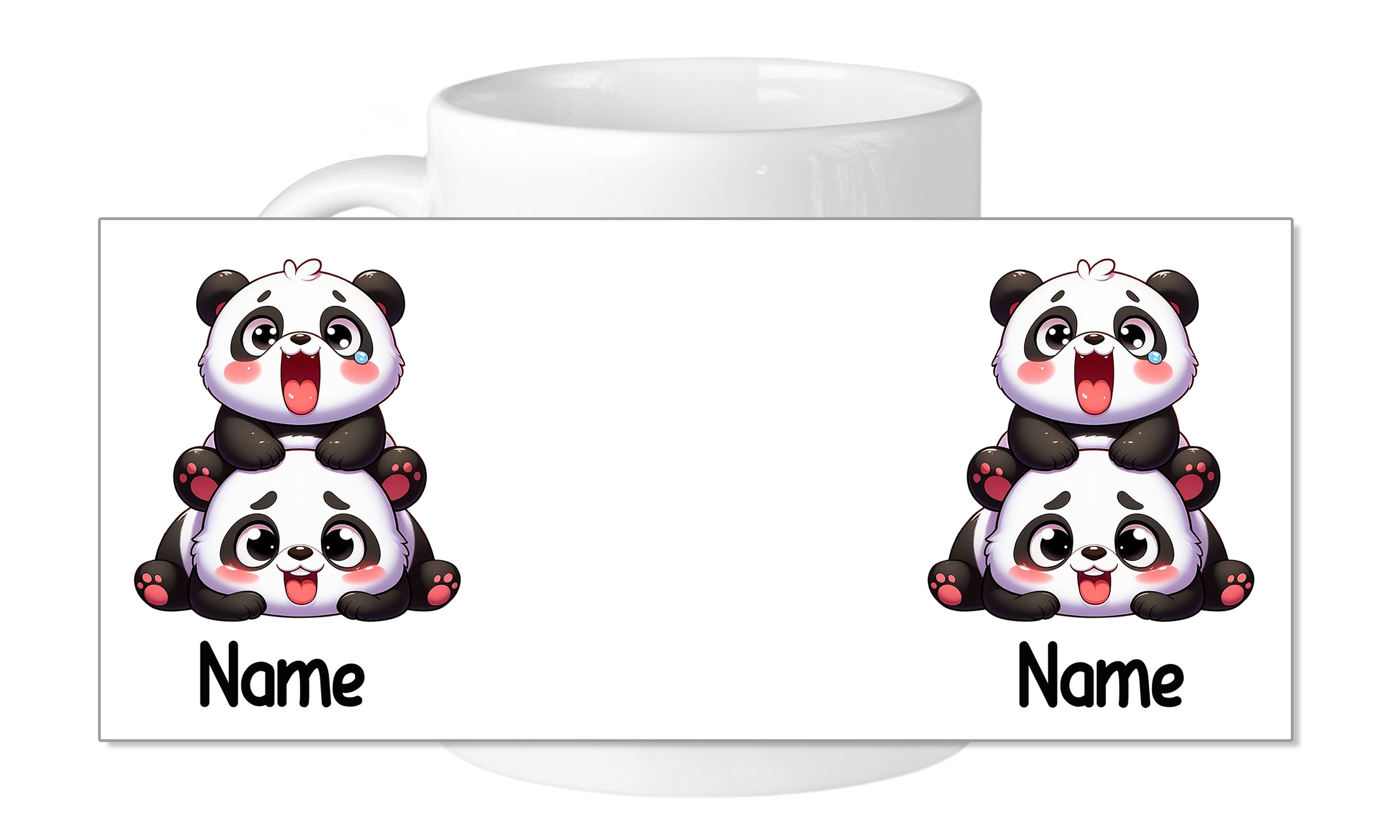 Tasse mit zwei niedlichen, gestapelten Pandas und Namen.