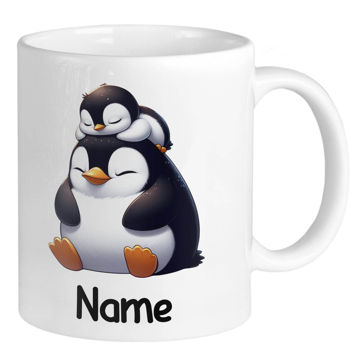 Tasse mit niedlichen Pinguinen und personalisierbarem Namen.