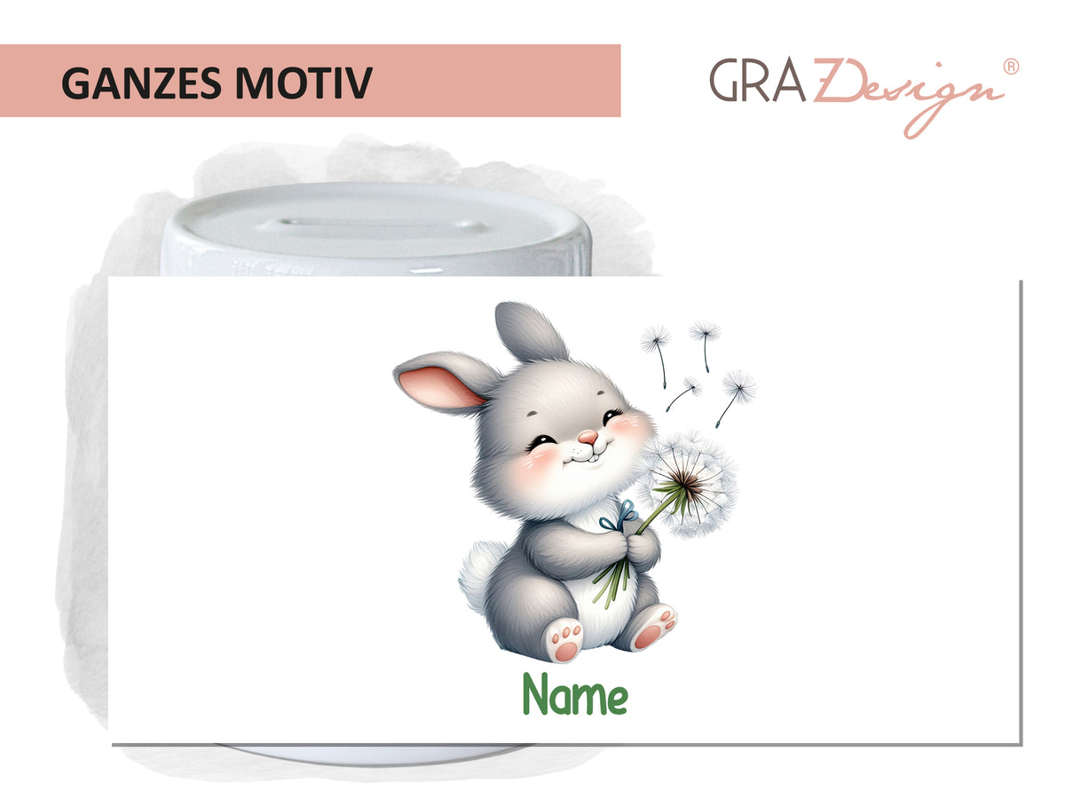 Lustiger grauer Hase mit Löwenzahn und Name.