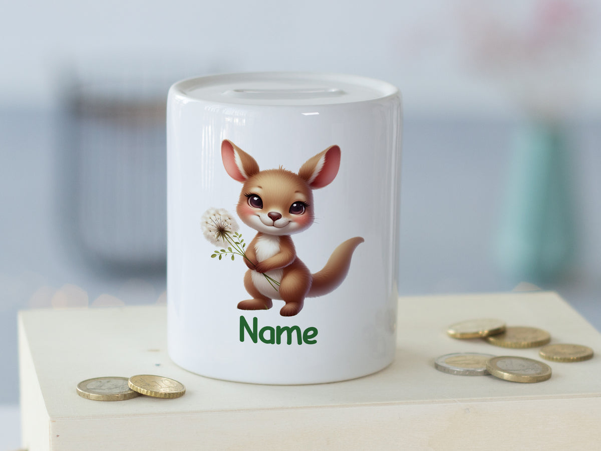 Weißes Sparschwein mit niedlichem Tierdesign und personalisierbarem Namen.