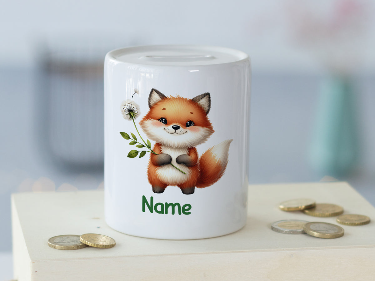 Sparschwein mit Fuchs-Motiv und personalisierbarem Namen.