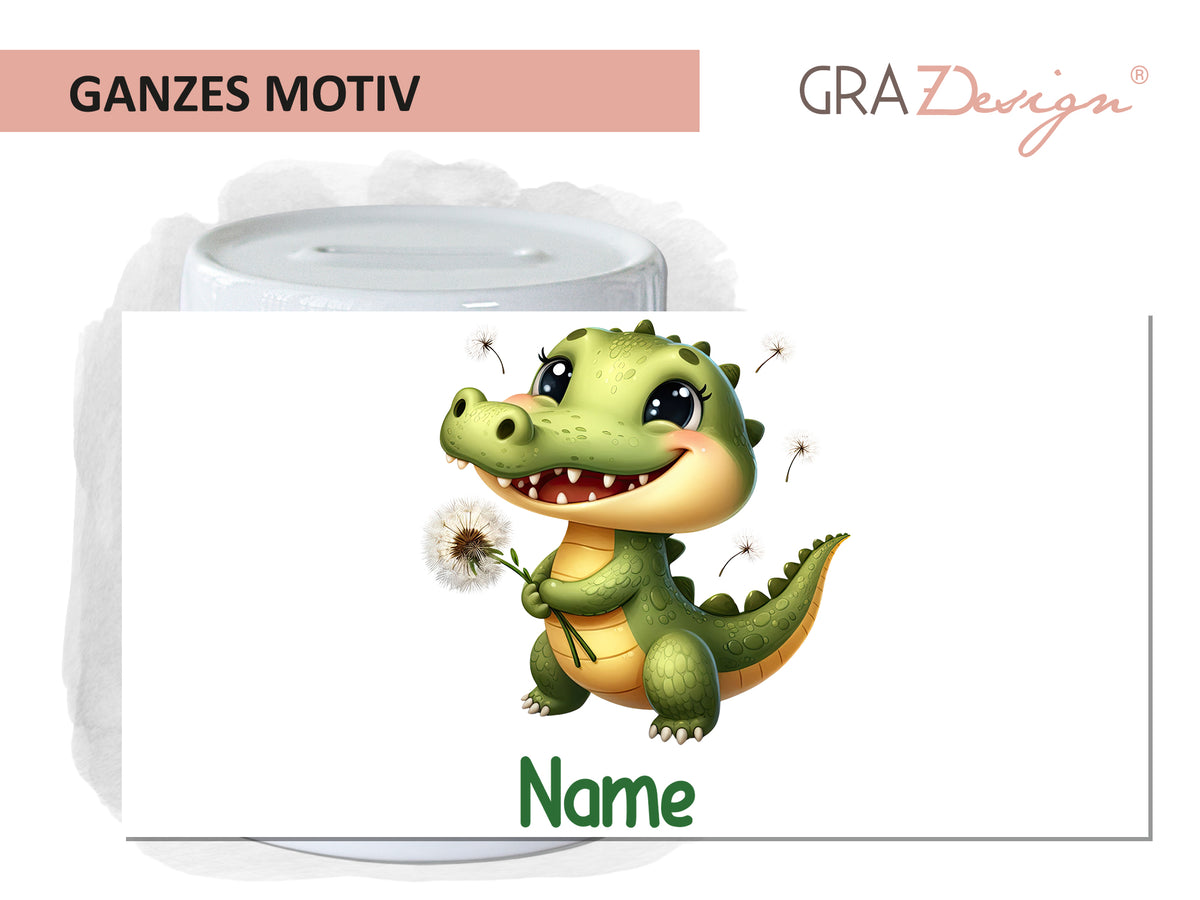 Süßer Dinosaurier mit Löwenzahn, grüne Farben, personalisierbar.