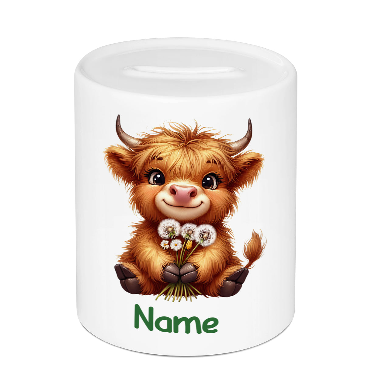Kleine braune Highland-Rinderfigur mit Blumen, personalisierbar.