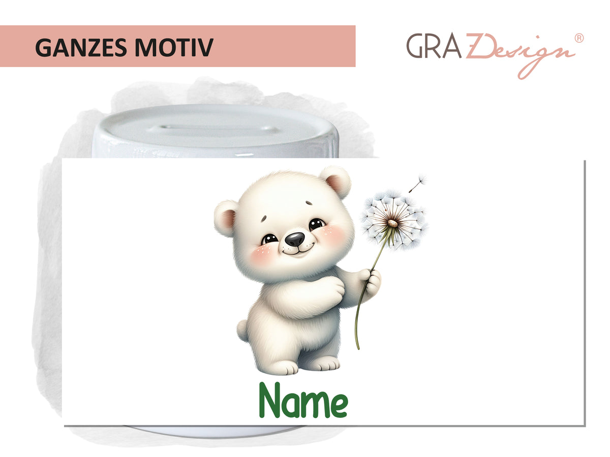 Niedlicher Eisbär mit Pusteblume, personalisierbar mit Name.