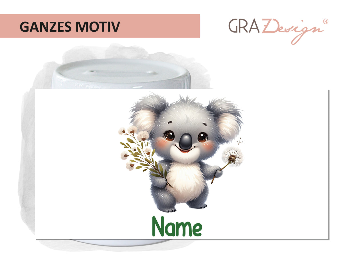 Koala mit Blumen, helles Design, personalisierbar mit Namen.