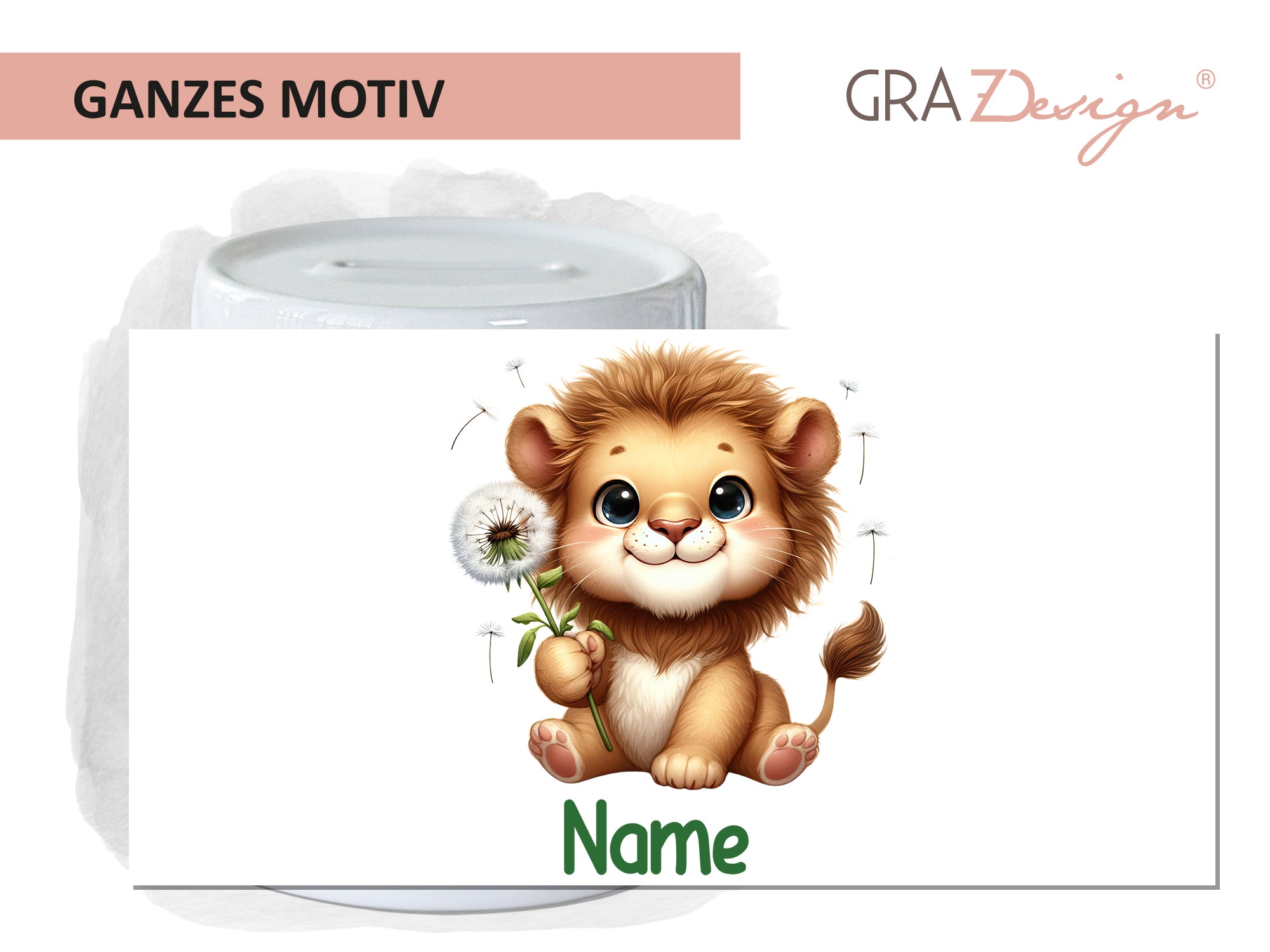 Löwe mit Pusteblume, bunte Illustration, personalisierbar.