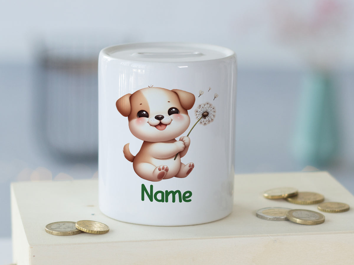 Weißes Sparschwein mit niedlichem Hund und personalisierbarem Namen.