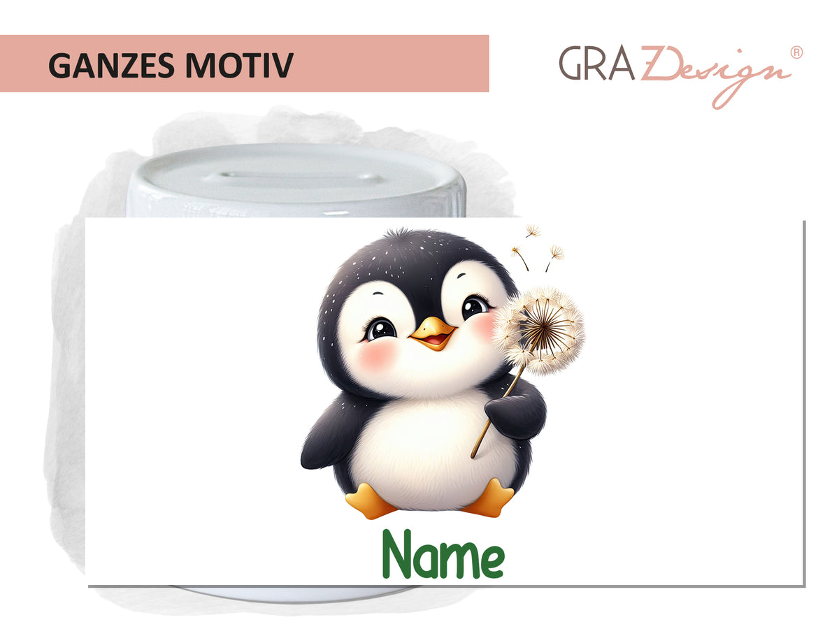 Pinguin mit Löwenzahn, fröhlich, bunte Gestaltung.