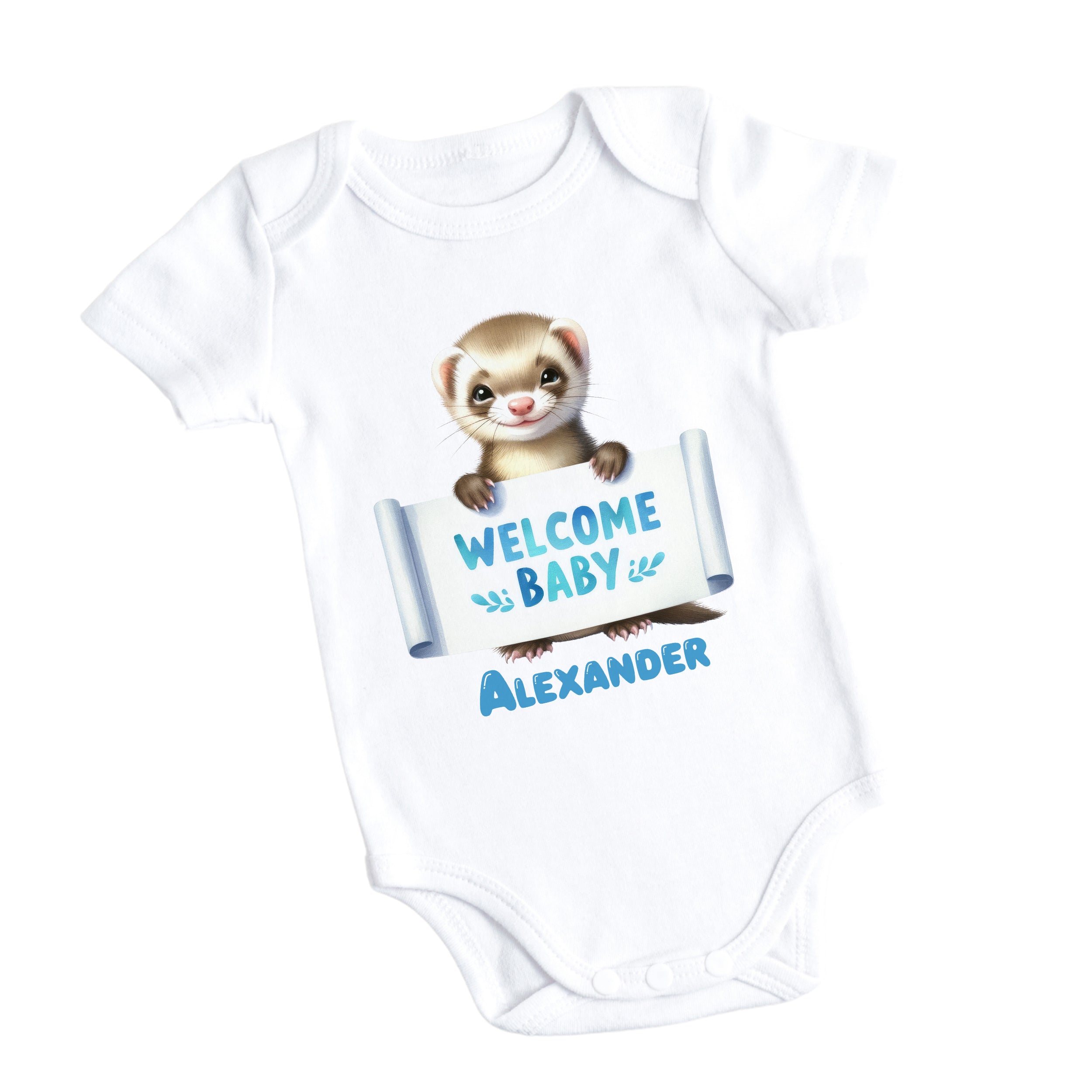 Weißer Babybody mit Tiermotiv und Aufschrift "Welcome Baby Alexander".