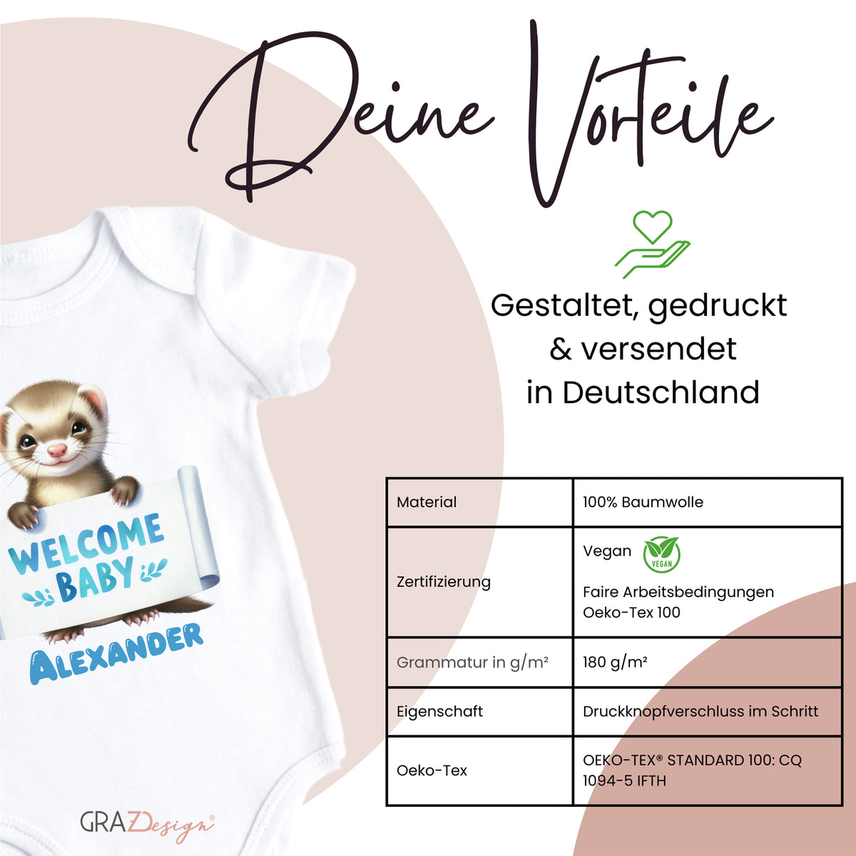 Babybody in Weiß mit "Welcome Baby Alexander" Design.