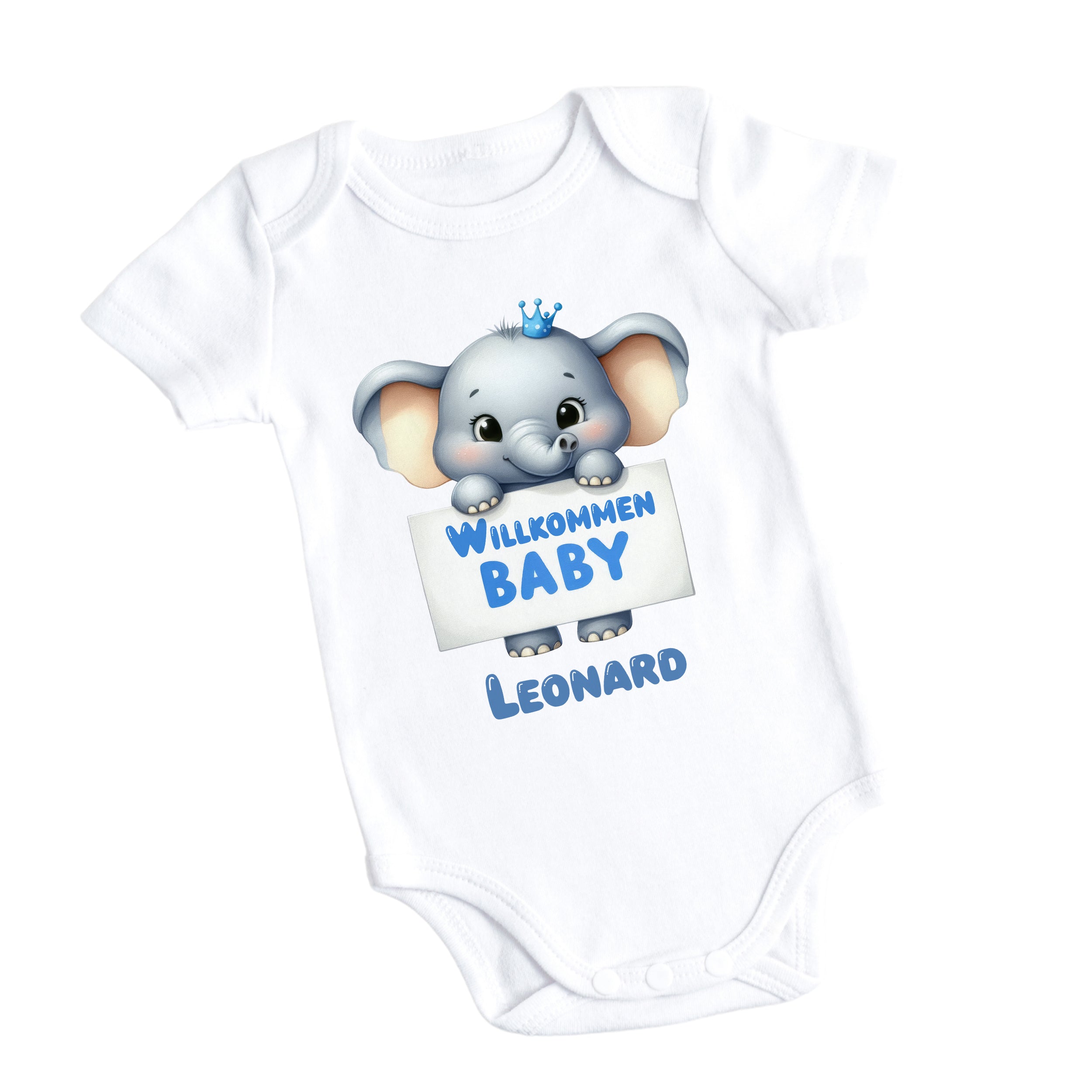 Weißes Baby-Body mit Elefant und Willkommensschriftzug.