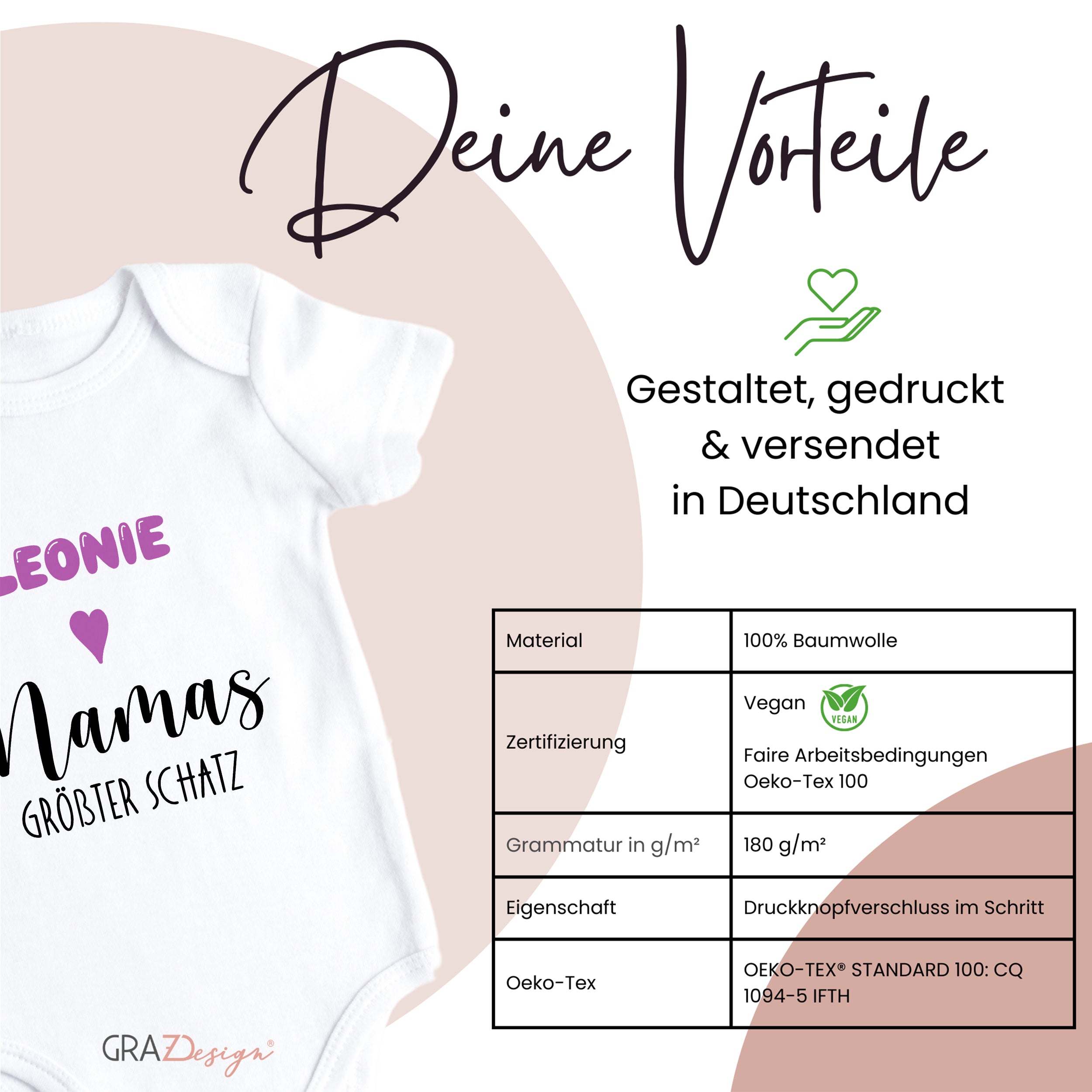 Weißes Babybody mit buntem Aufdruck „Leonie, Mamas größter Schatz“.