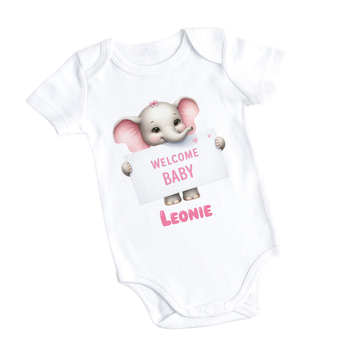 Weißes Babybody mit Elefant und "Welcome Baby Leonie" Schriftzug.