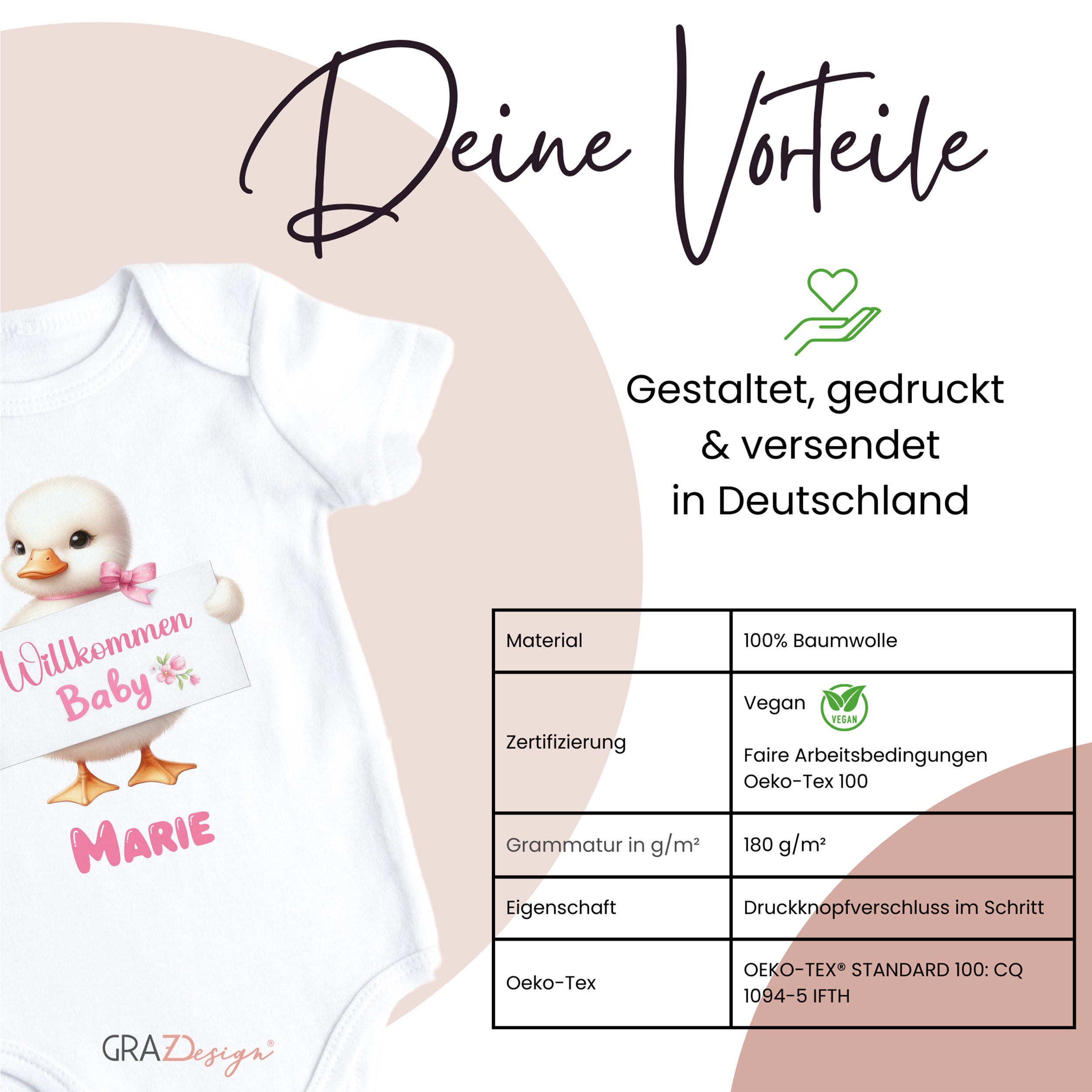 Babybody mit Entenmotiv, weiß, 100% Baumwolle, vegan.