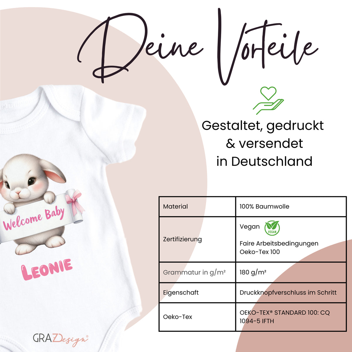 Babybody mit Hasenmotiv, weiß, Oeko-Tex-zertifiziert.