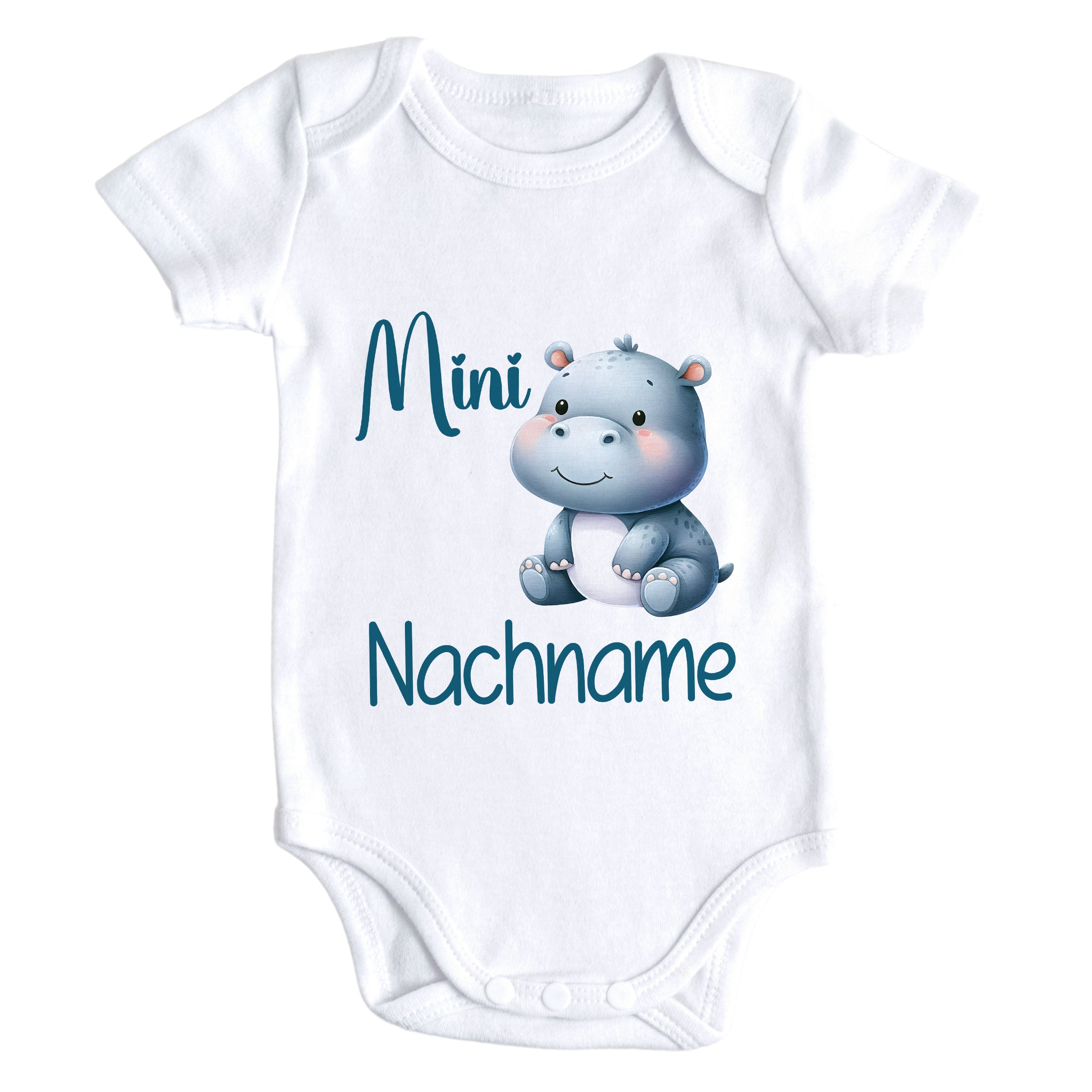 Weißer Babybody mit niedlichem Nilpferd und Text "Mini Nachname".
