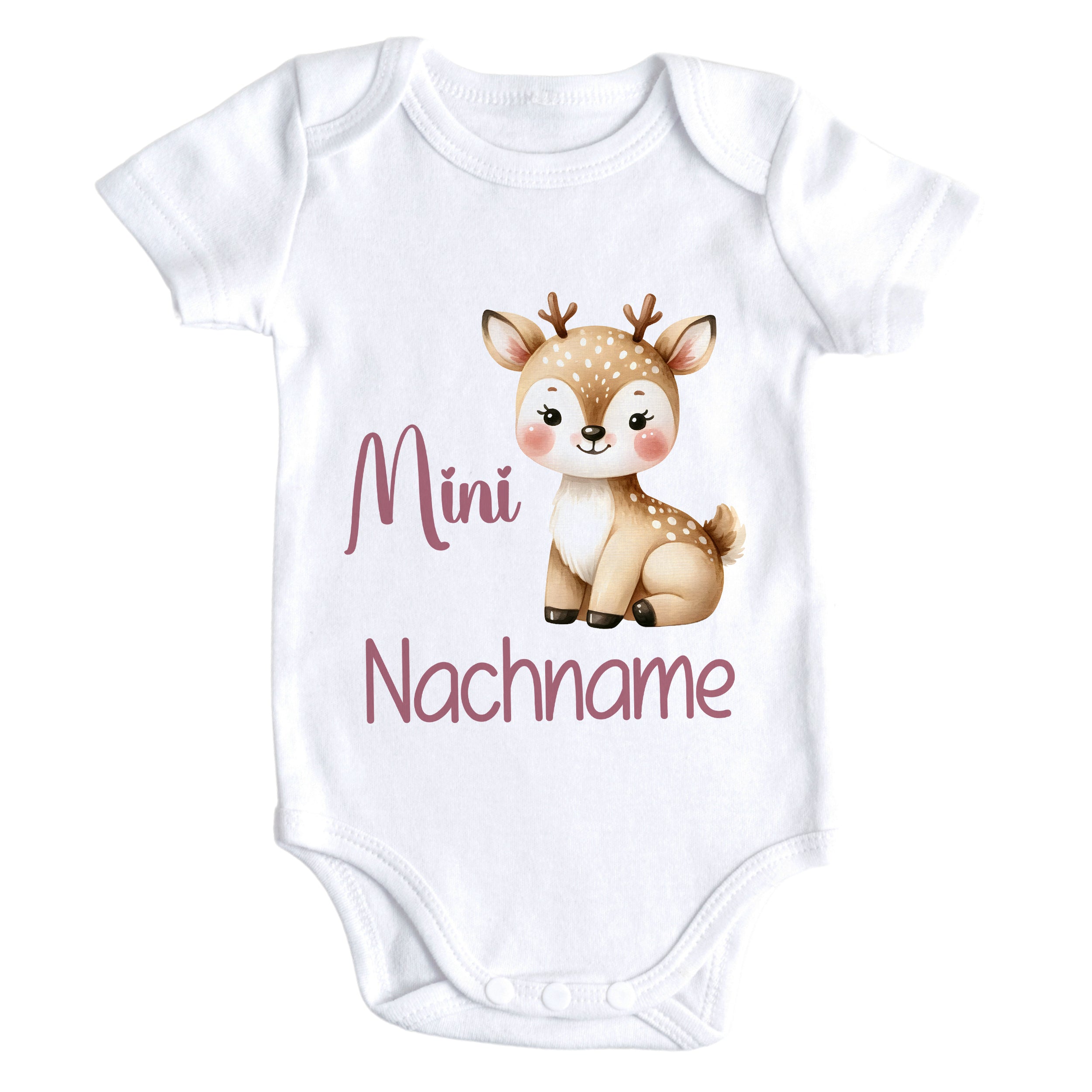 Weißer Babybody mit niedlichem Reh-Motiv und Schriftzug.